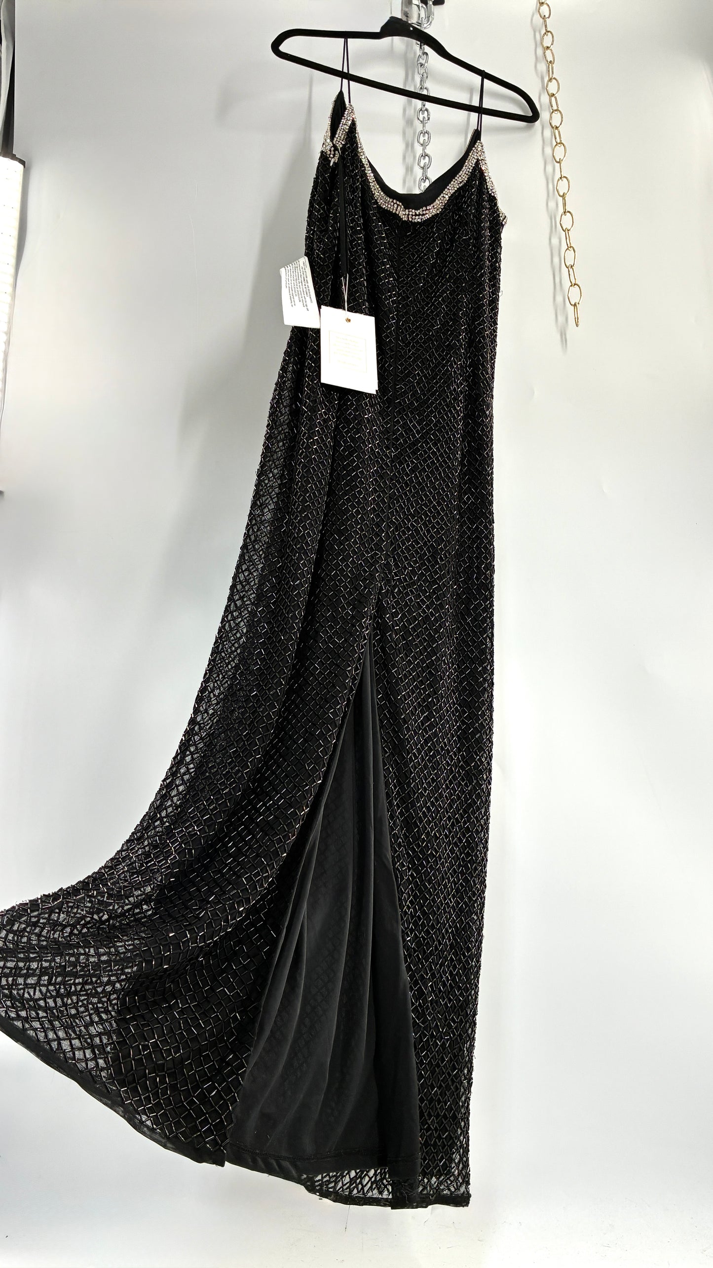 Vintage MAC DUGGAL Black Beaded Spaghetti Strap Column Gown with Tags Attached (16)