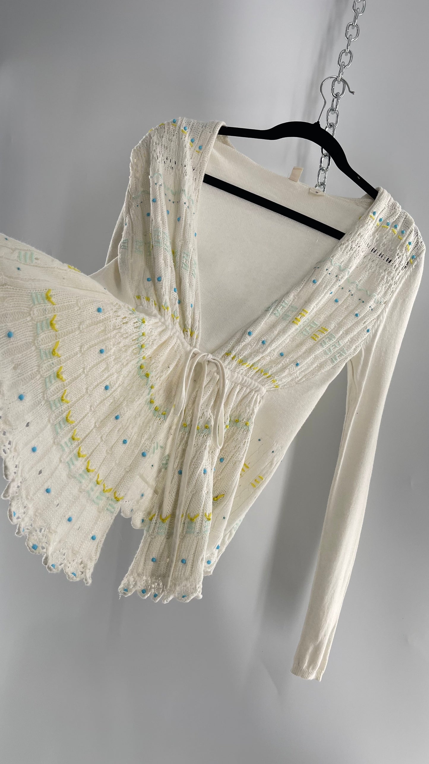 MOTH Anthropologie Beige Knit Tie Bust Sweater with Embroidered Daisies and Delicate Beading (Small)