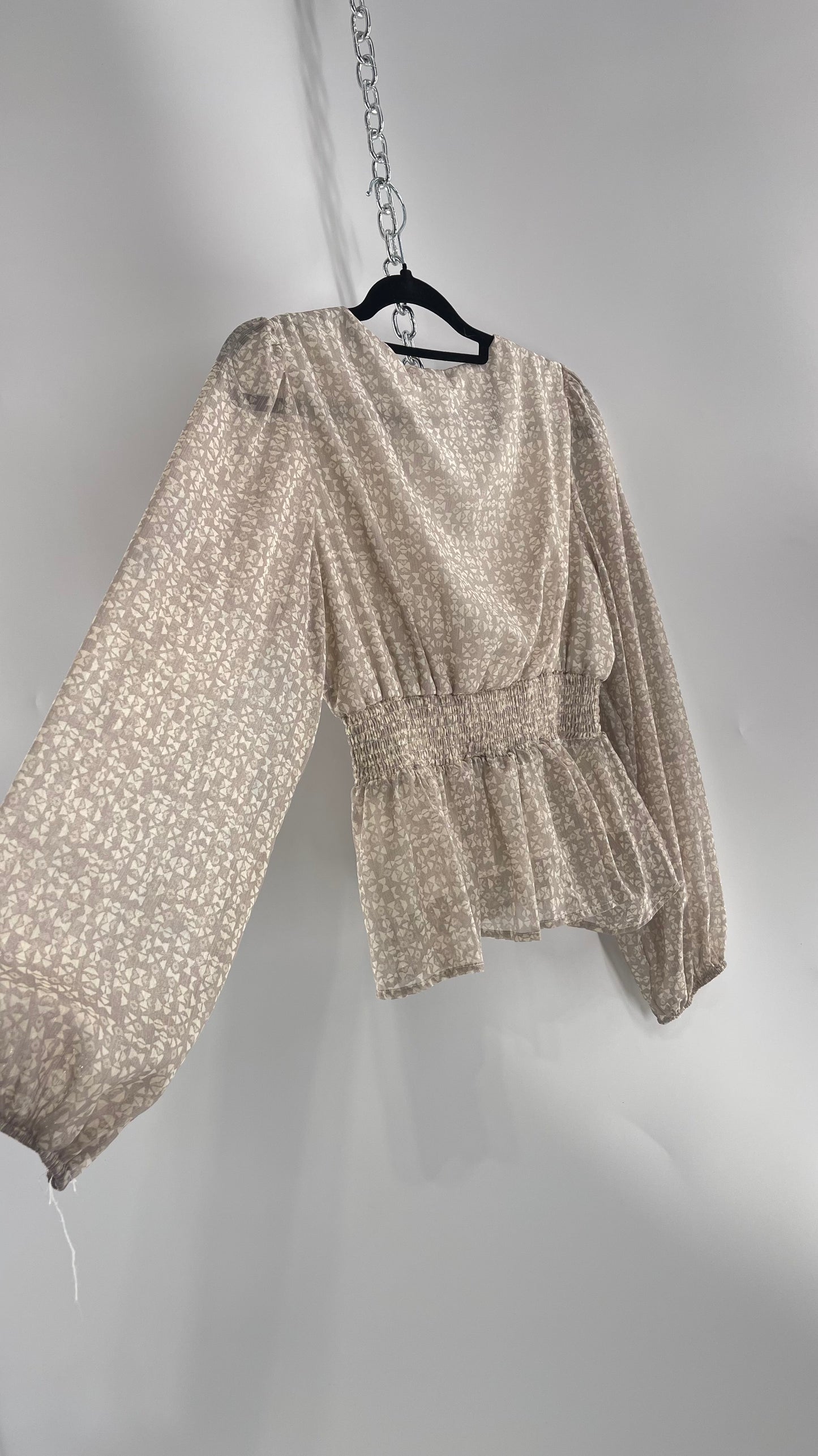 Anthropologie Light Gray Glitter/Shimmer Balloon Sleeve, Smocked Waist, Button Front Blouse (Large)