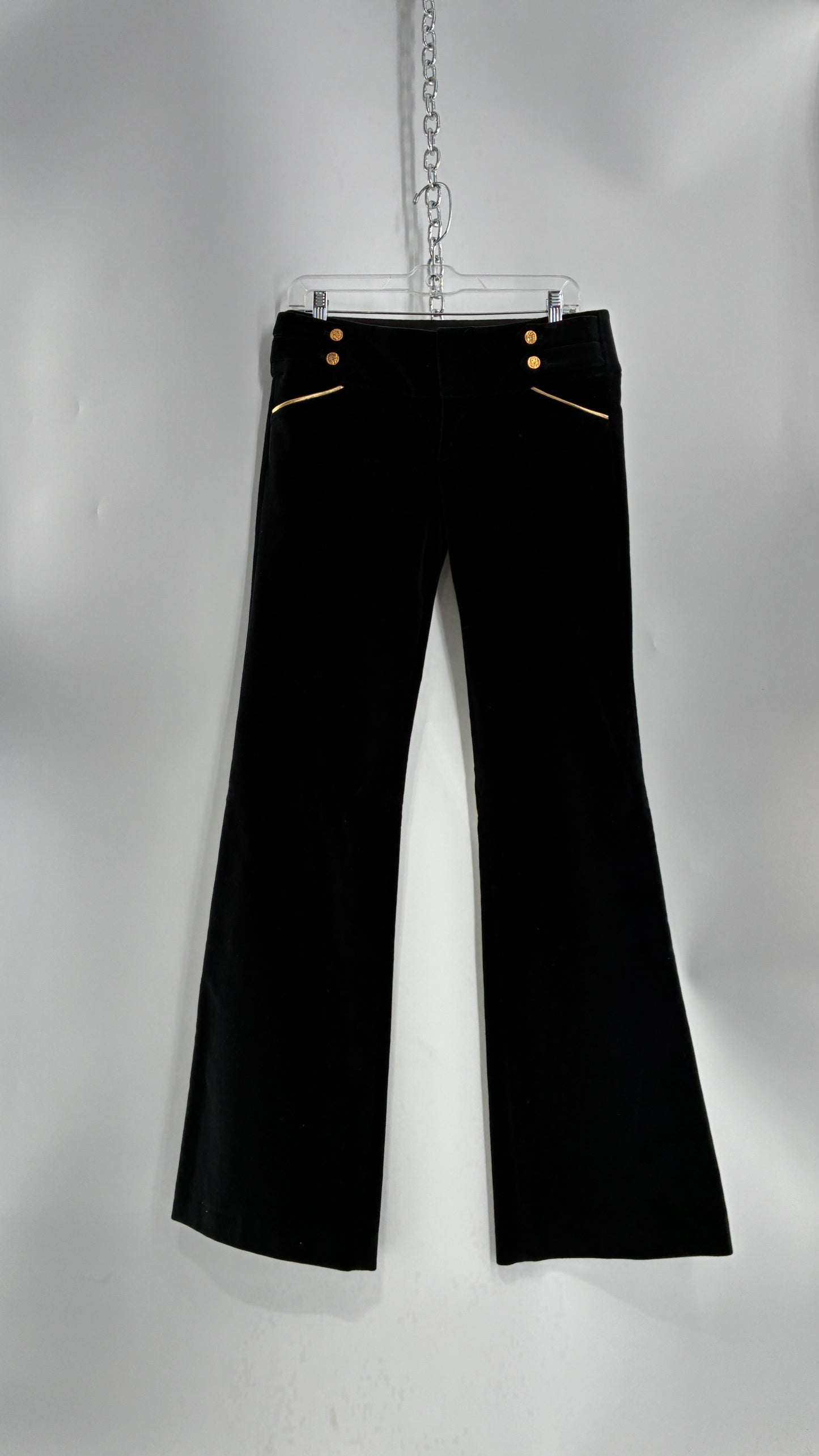 Vintage Alice + Olivia Thick Black Velour Low Rise Kickflare Pants with Thick Waistband with Gold Coin Detailing (6)