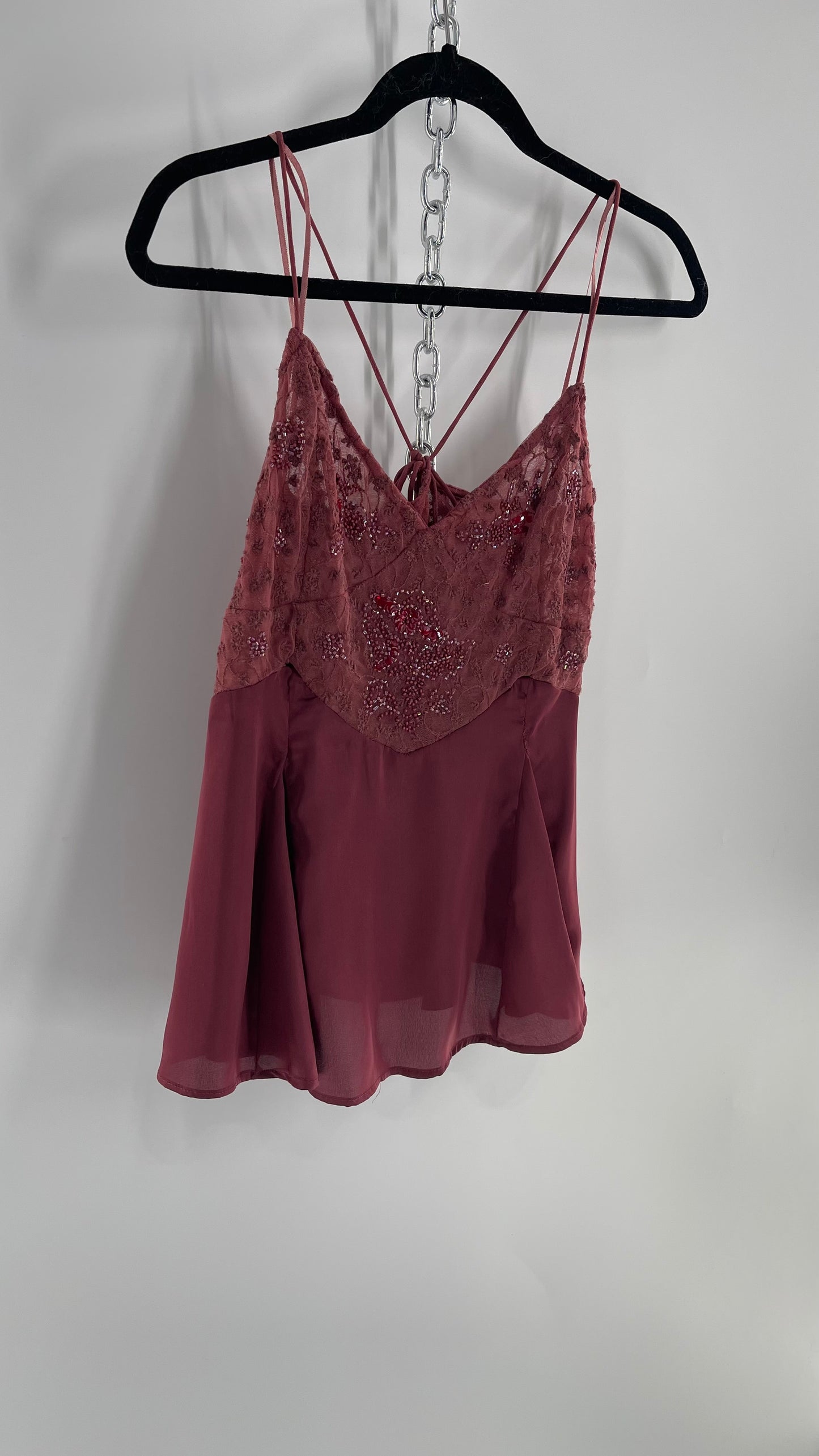 Free People Purple Beaded Bust, Lacy, Silky Fairy Tank with Extra Bead Pouch(Small)