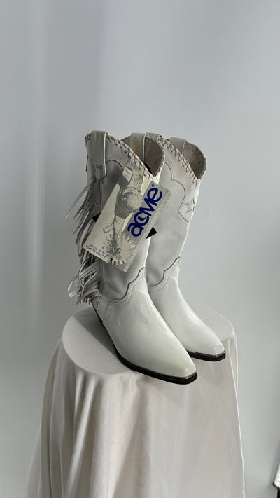 Deadstock Vintage ACME White Cowboy Boots with Braided Cuff, Fringe Sides(6)
