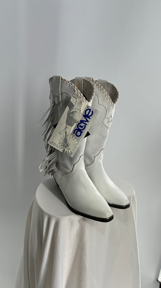 Deadstock Vintage ACME White Cowboy Boots with Braided Cuff, Fringe Sides(6)