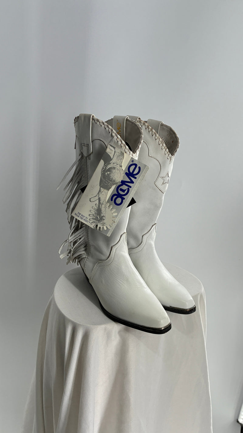 Deadstock Vintage ACME White Cowboy Boots with Braided Cuff, Fringe Sides(6)
