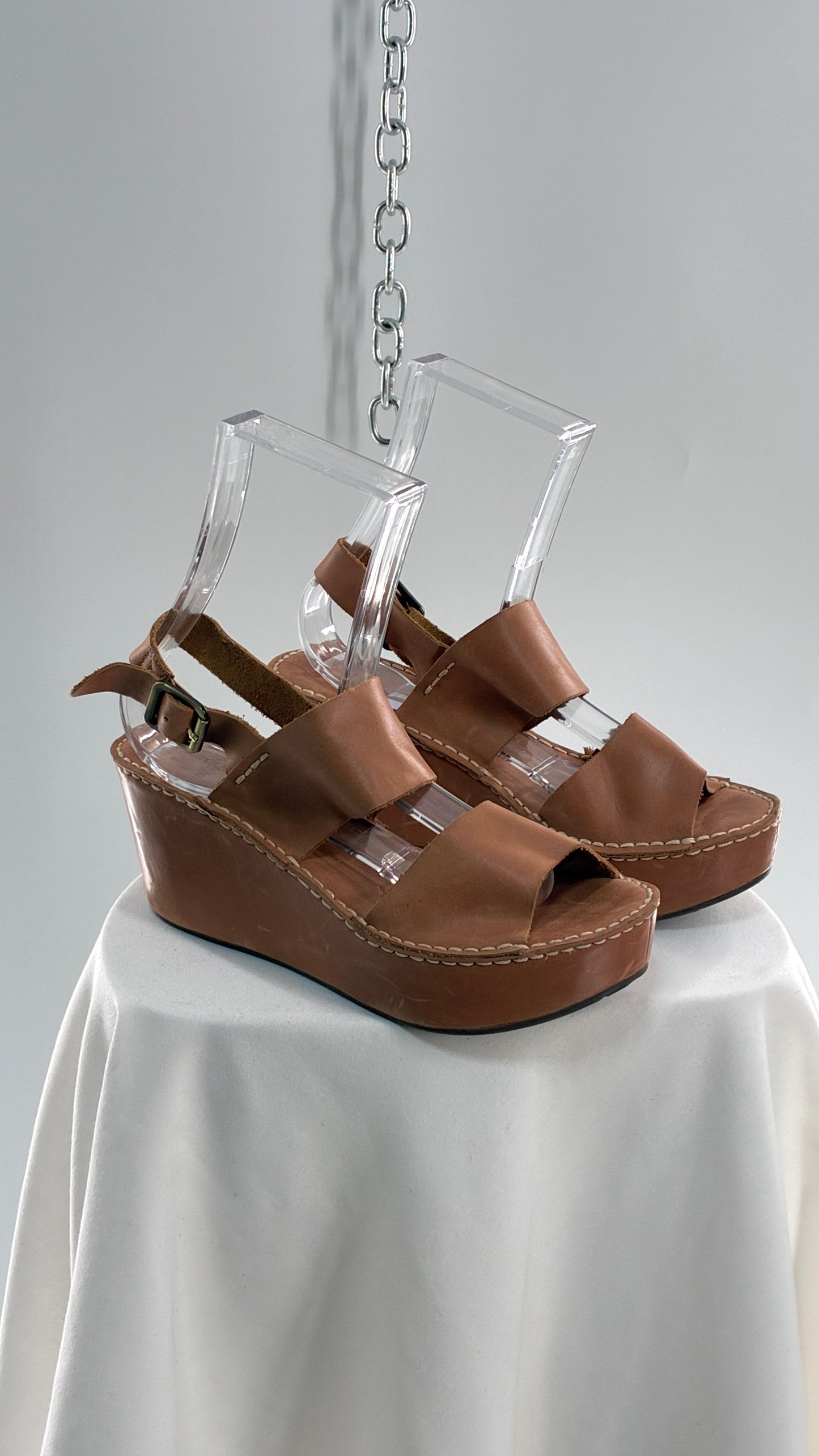 Chocolat Blu Tan Genuine Leather Wedge Platform Sandals (8.5)