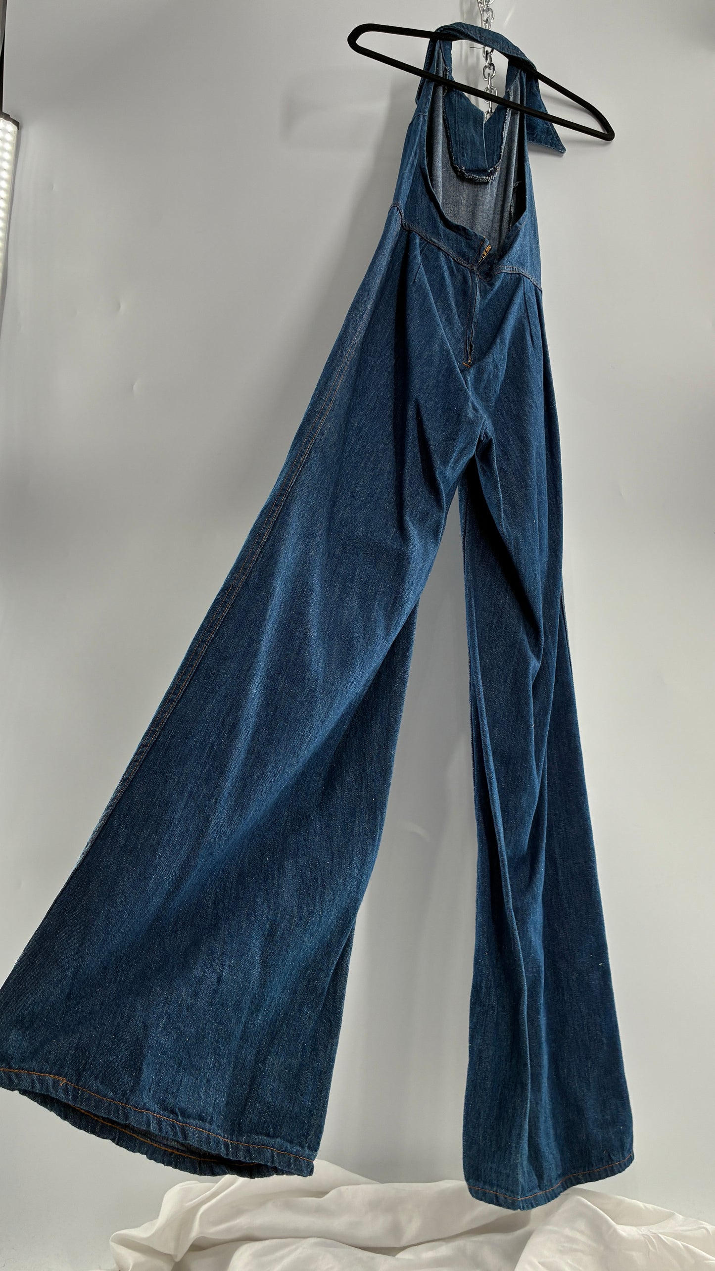 RARE Vintage 1970s Landlubber Medium Wash Denim, Sleeveless Halter, Wide Leg Bell Bottom, Jumpsuit (No Size on Tag, XS)