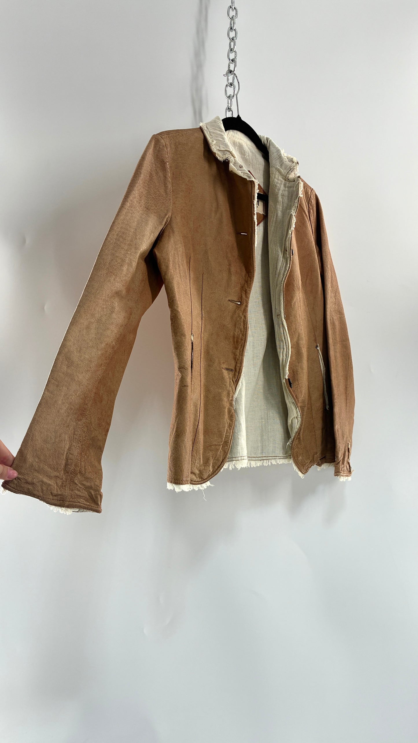 Vintage JAKETT Tan Leather Jacker with Cotton Raw Edge Trim+ Lining and buttoned Cuffs (Medium)