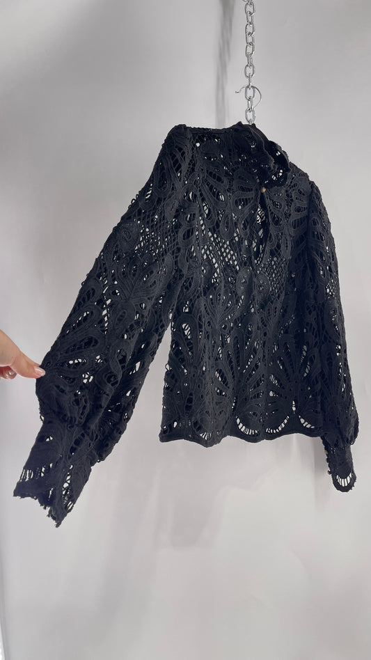 Anthropologie Black Heavy Thick Lace Blouse with Balloon Sleeves (Small)