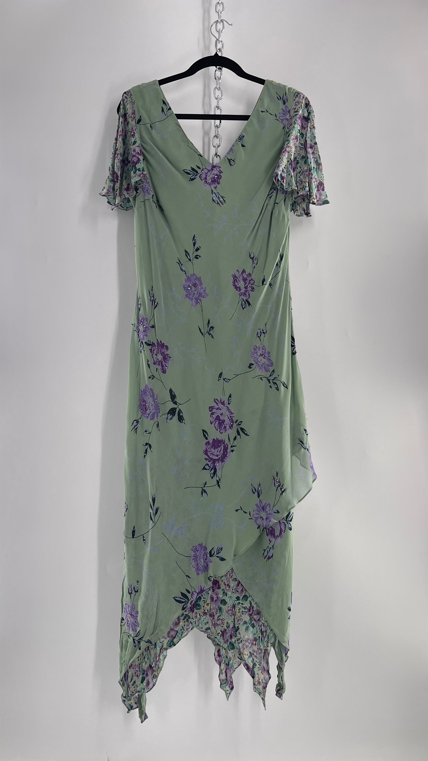 Vintage 1990s EVA BLUE Sage Green  Dress with Purple Beaded Florals and Handkerchief Hem(16)