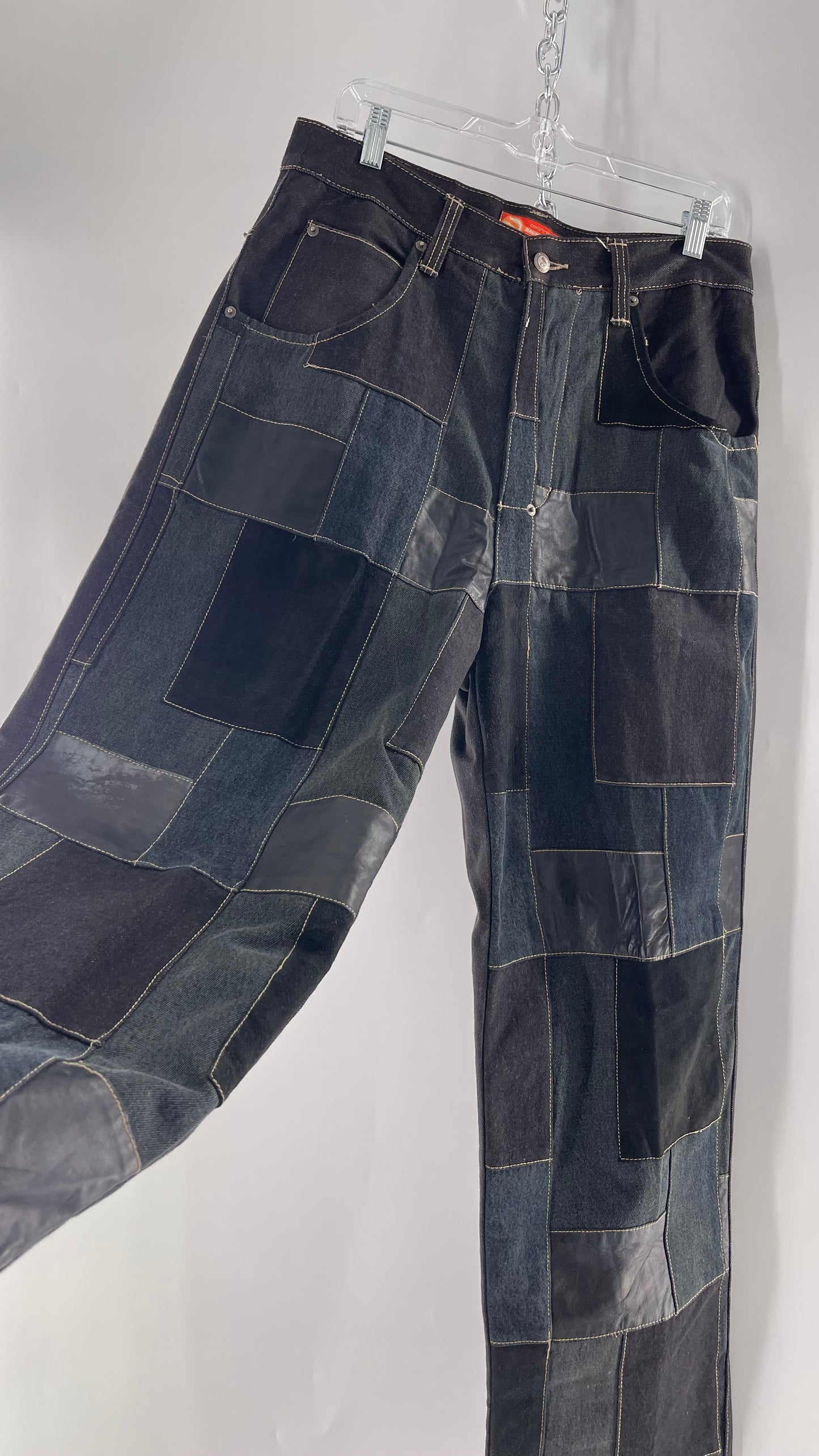 Vintage Original Davoucci Dark Wash Denim with Suede Leather Checker Patchwork Front (34x33)