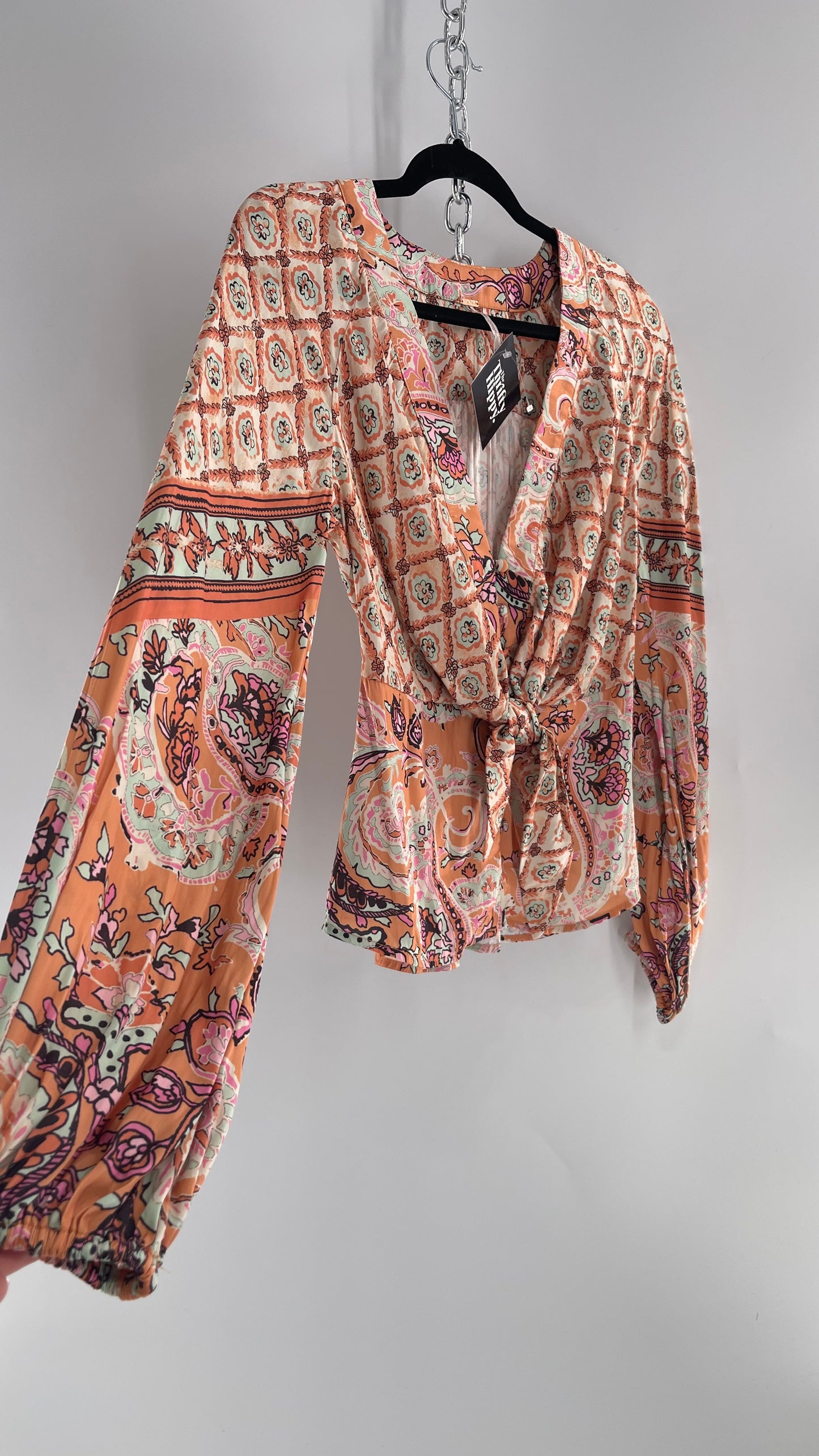 Free People Orange Pastels Paisley Blouse with Bust Tie and Balloon Sleeves (XS)