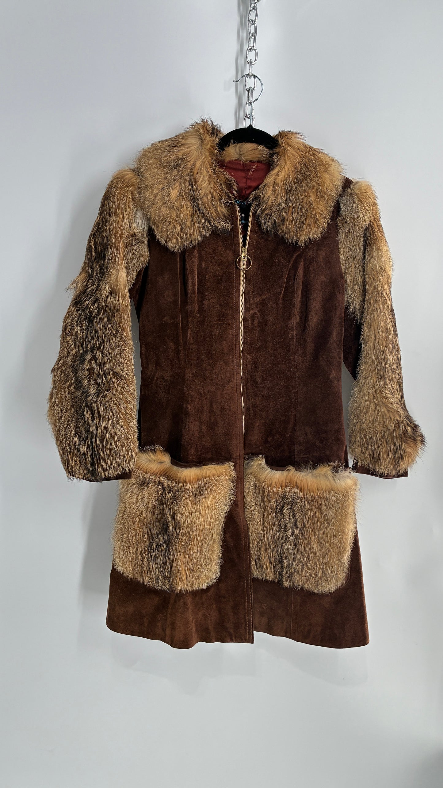 Vintage Cederland 1970s Genuine Suede Leather Coat with Fur Pockets, Sleeves, and Collar (44)