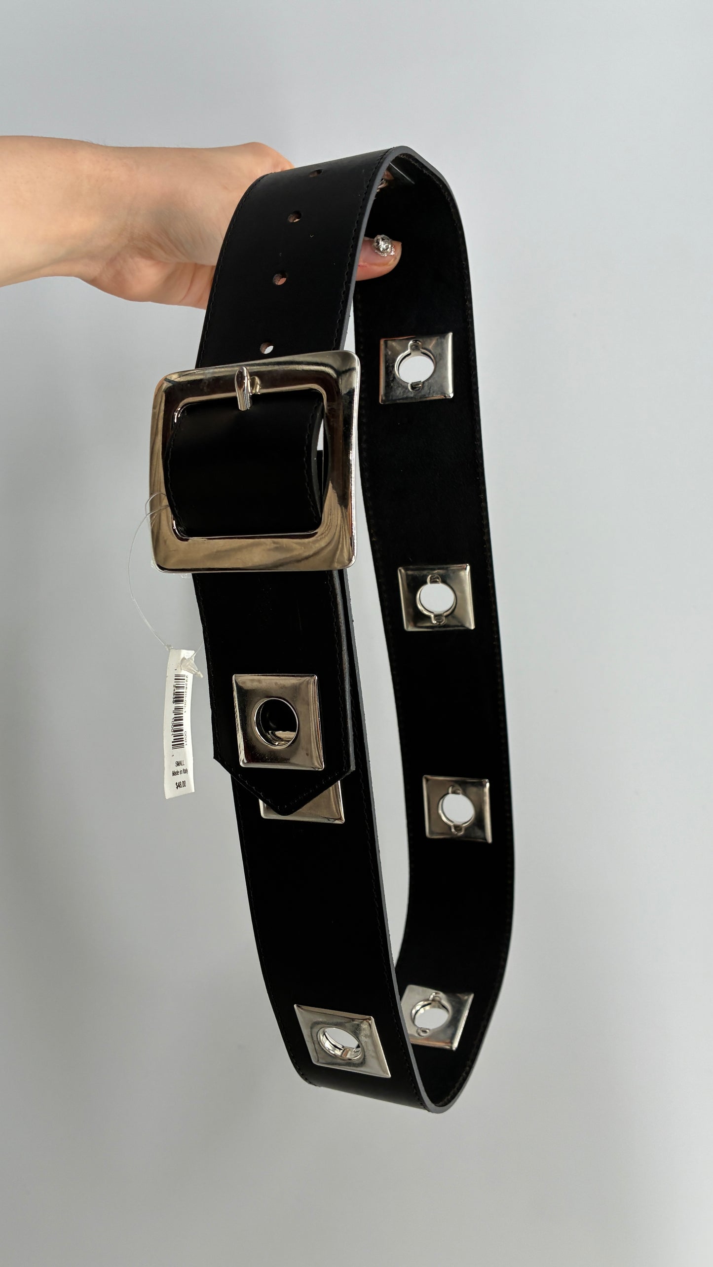 BANANA REPUBLIC Black Thick Leather Belt with Heavy Metal Details, Exaggerated Buckle, and Tags Attached (Small)
