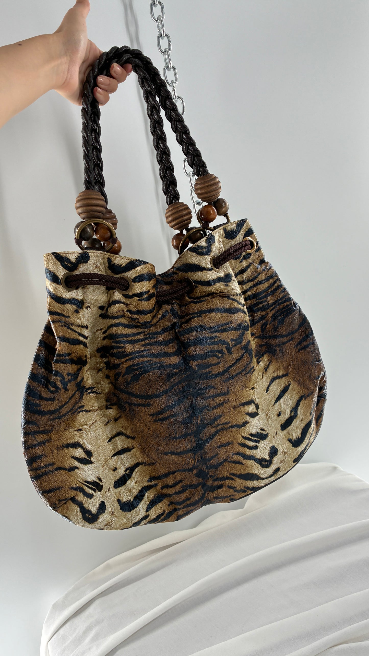 Vintage Oversized Animal Print Slouchy Bag with Braided Leather Strap and Beaded Details