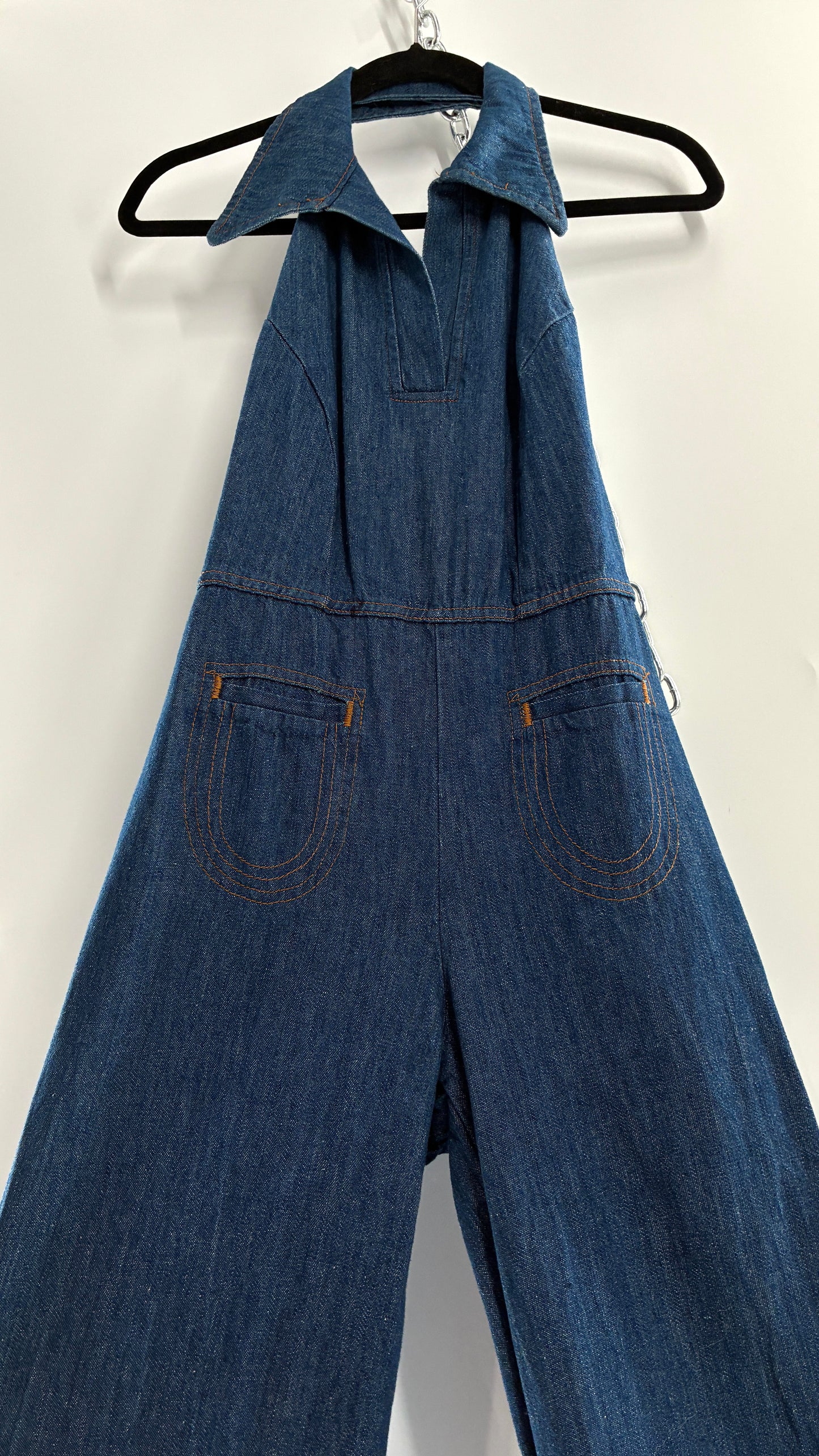 RARE Vintage 1970s Landlubber Medium Wash Denim, Sleeveless Halter, Wide Leg Bell Bottom, Jumpsuit (No Size on Tag, XS)
