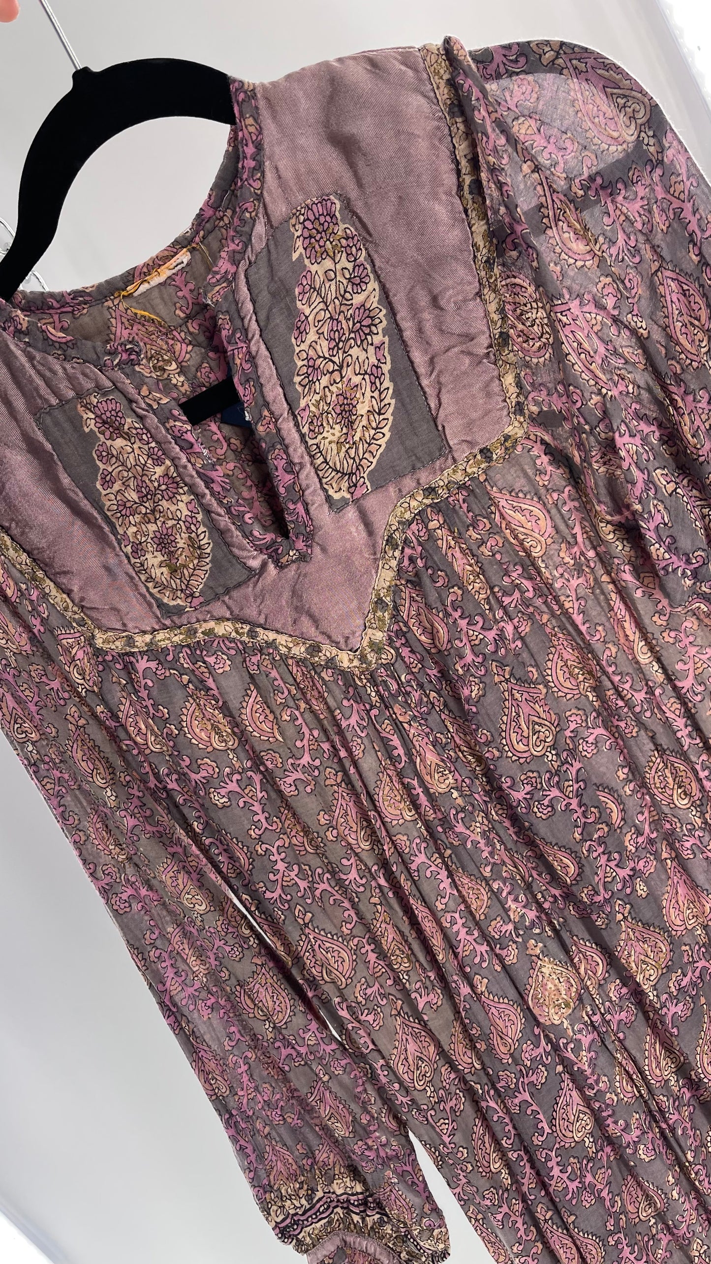 Vintage 1970s Handmade Dusty Purple Full Length Dress with Paisley Pattern and Quilted Neckline (Small)