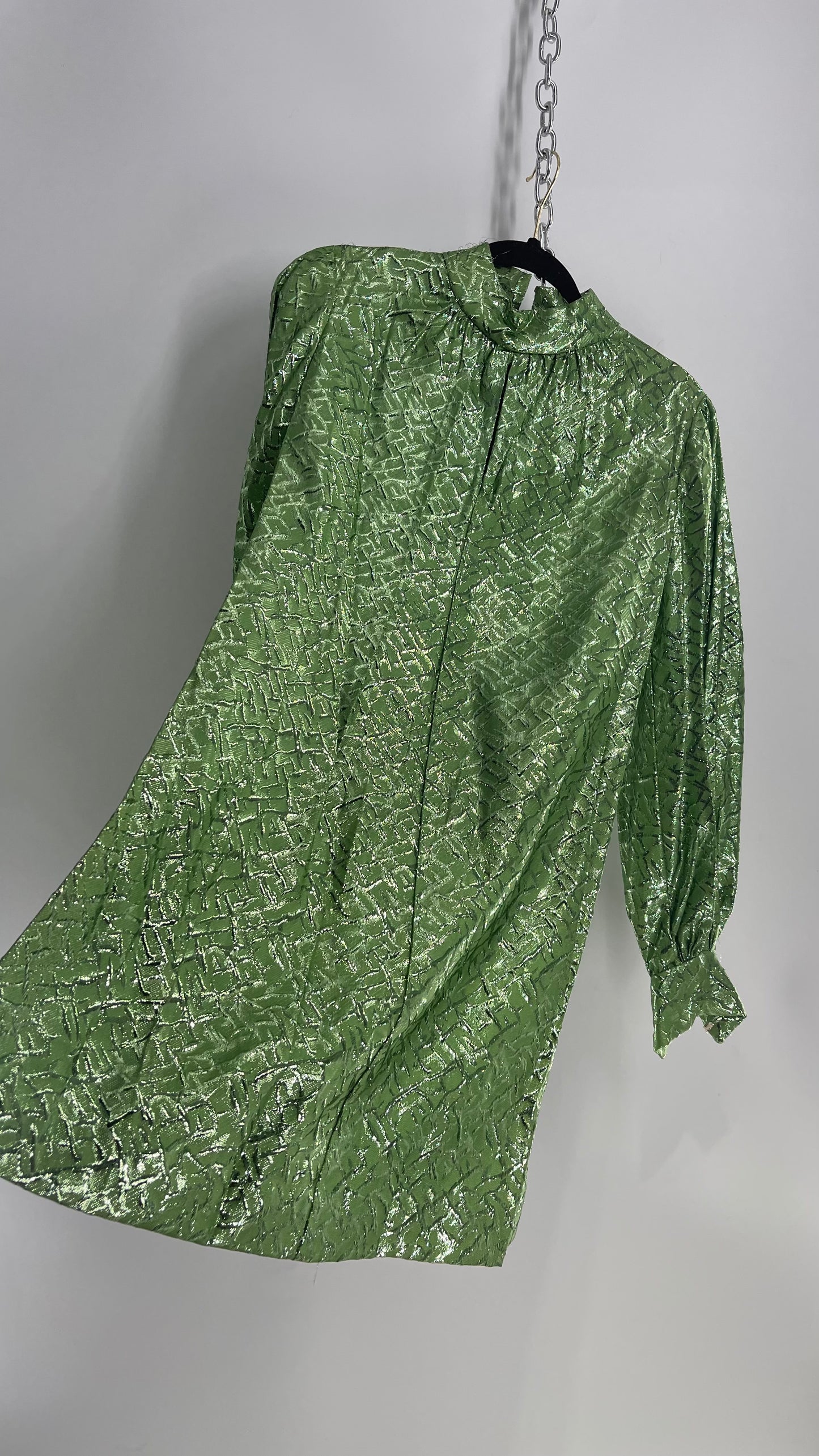 Vintage 1970s Metallic Green Bubble Sleeve, High Neck, Slit Bust and A-Line Form Dress (Small/Medium)