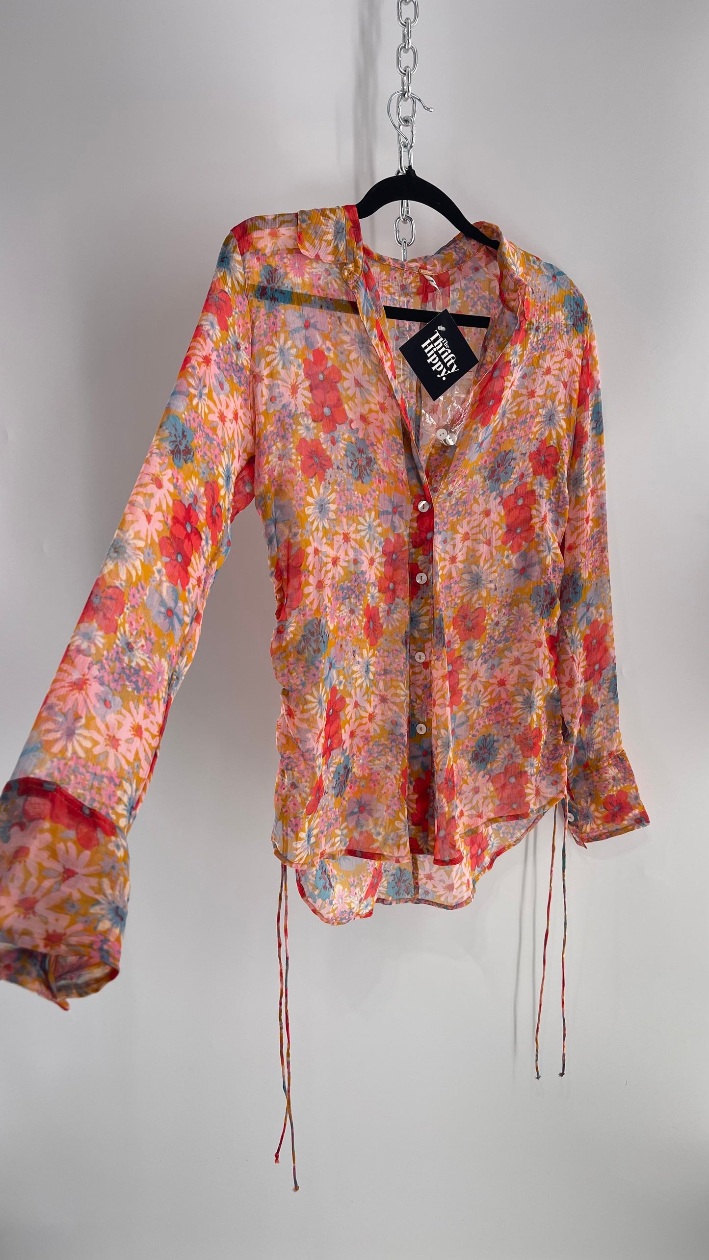 Free People Sheer Orange Floral Button Up with Ruched Sides (XS)