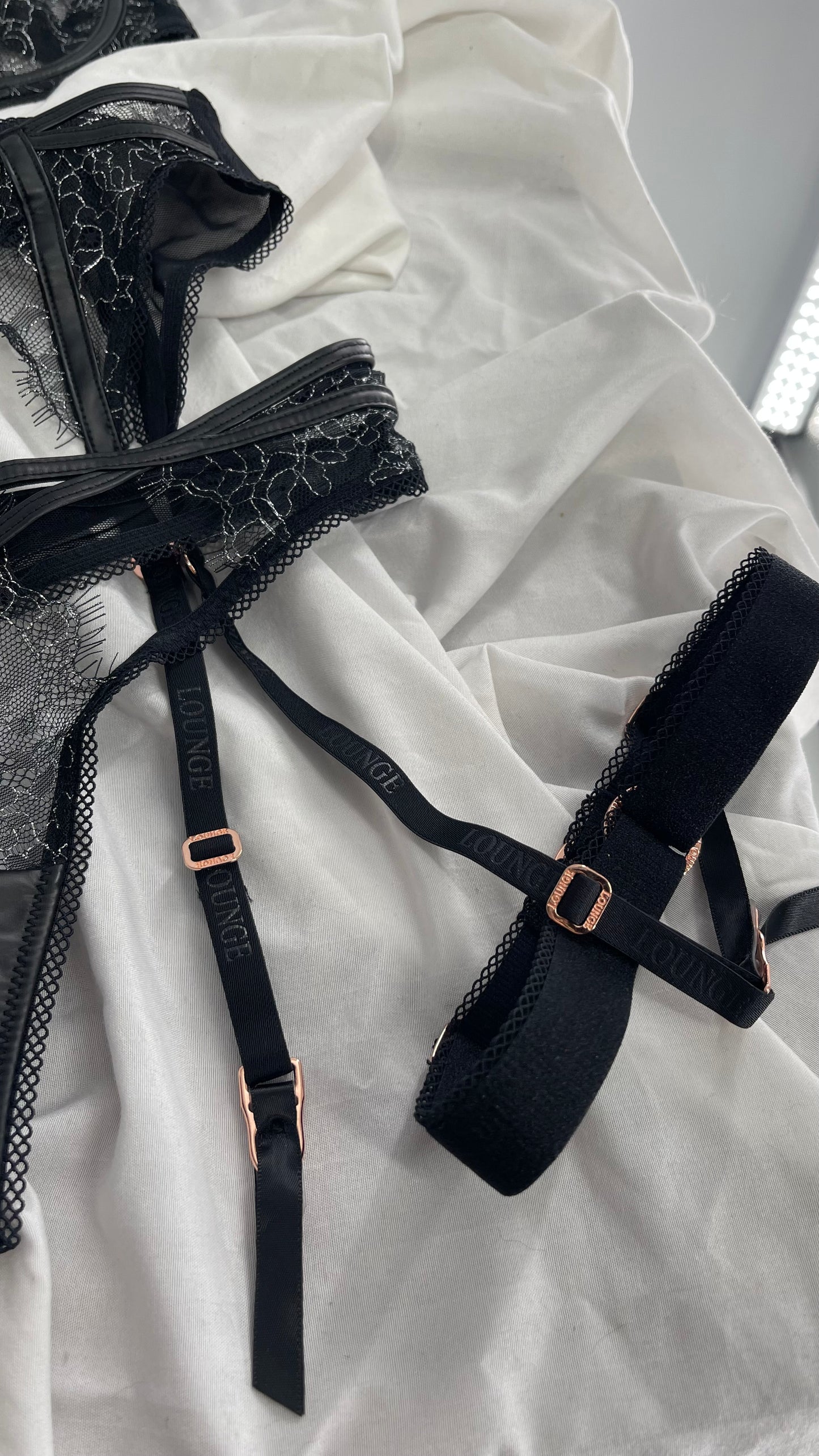 LOUNGE Black and Silver Lace Pandora Bra, Garter, and Panty Set NWOT (32C,XS)