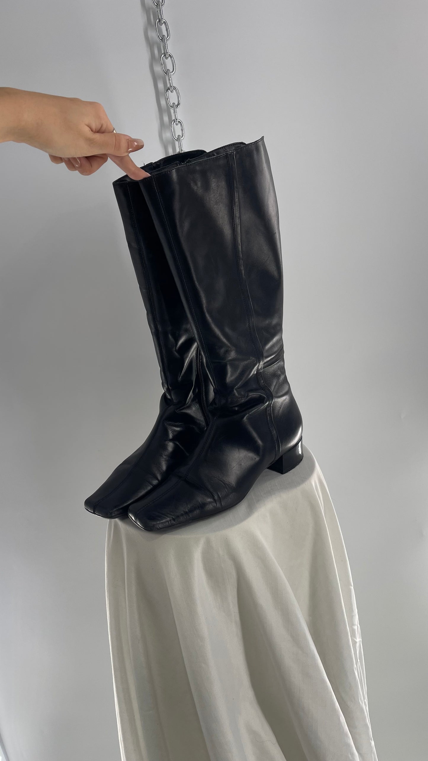 Vintage YKK Black Leather Square Toe Knee High Boot (40)