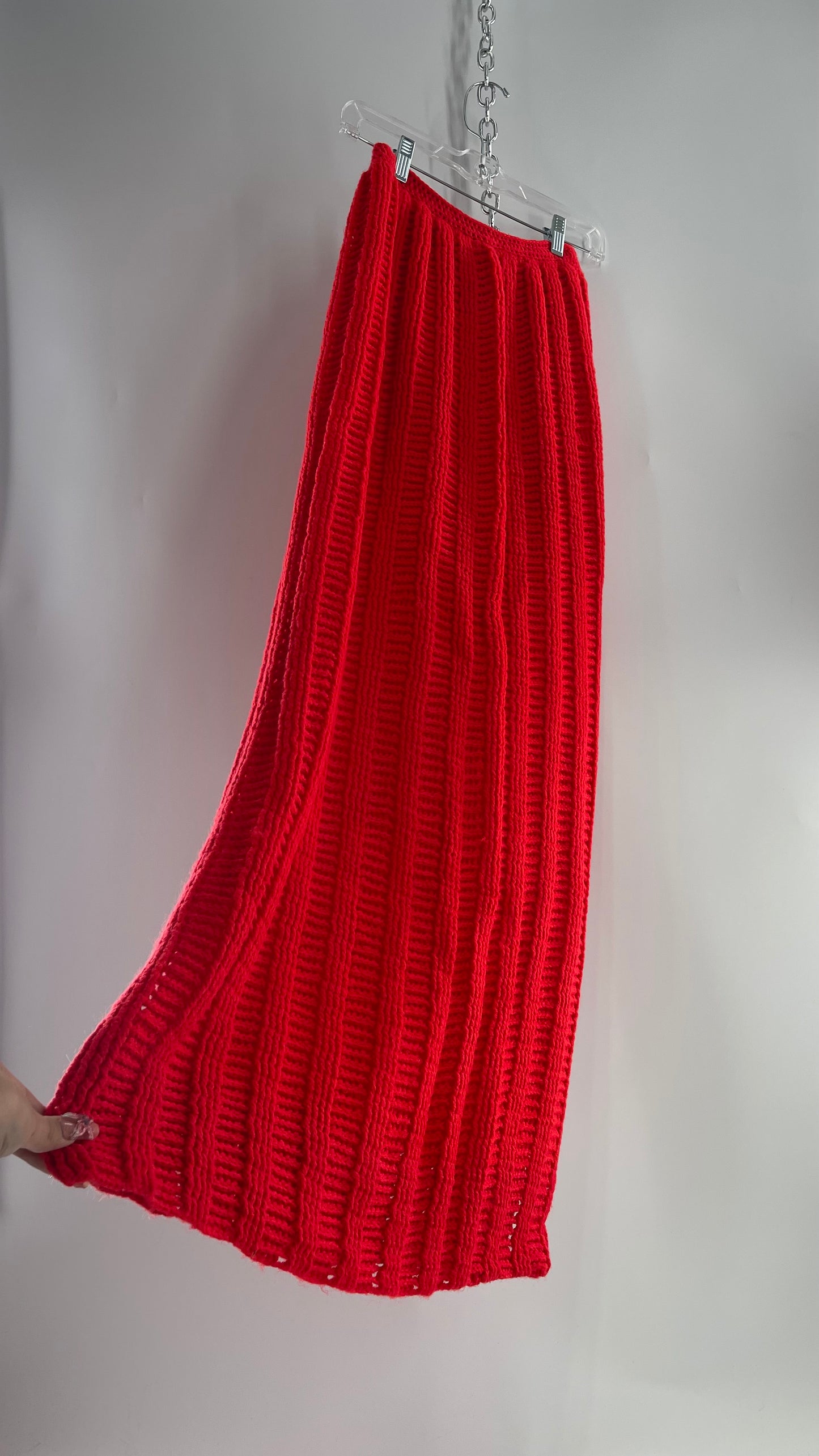 Vintage Hand Knit Red Maxi Skirt (XS)