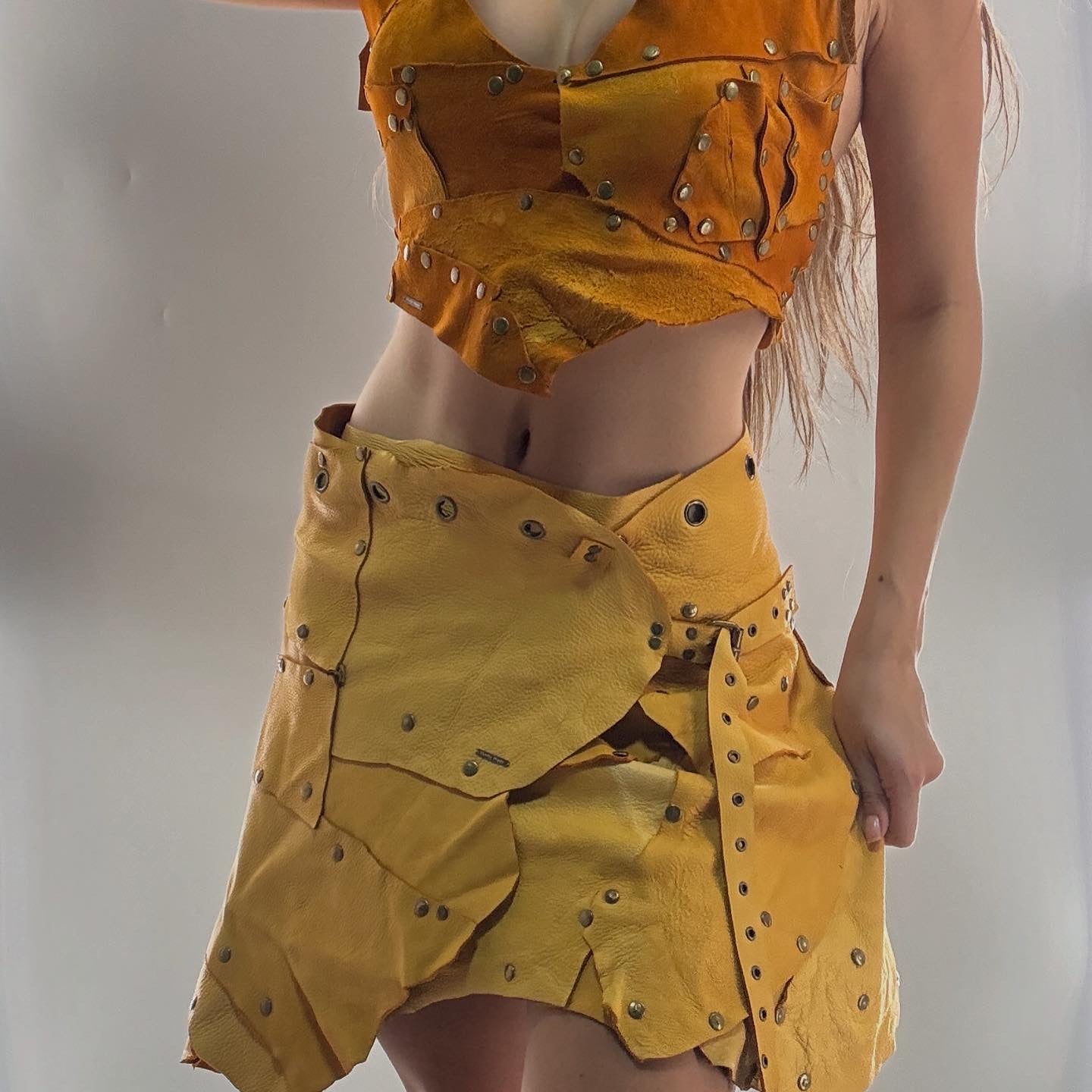 Handmade 1 of 1 and Pressed Genuine Suede and Pebbled Leather Reversible Corset Top and Grommet Skirt Set (XS-M)