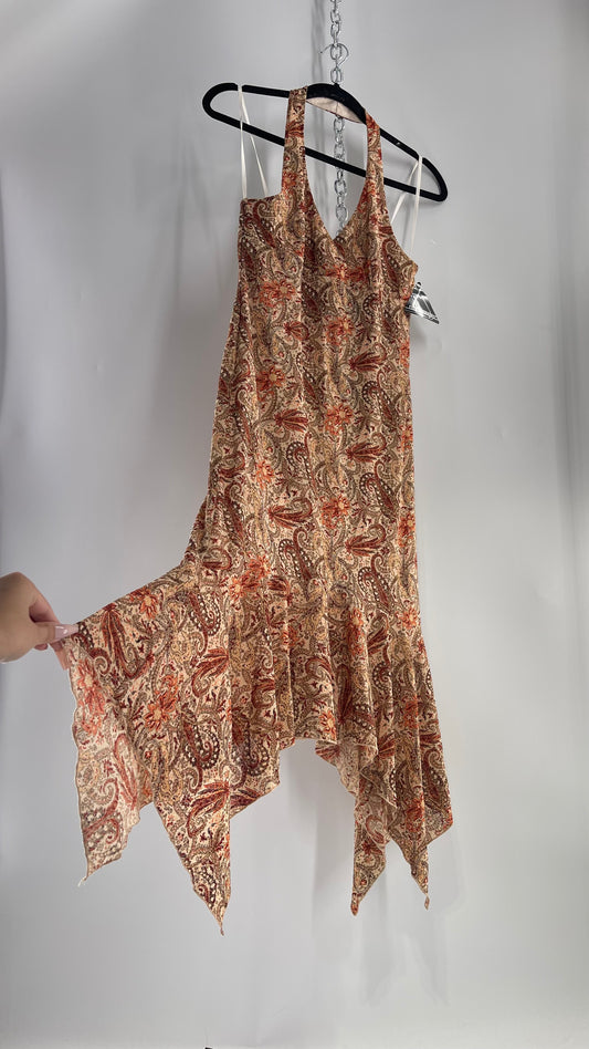 Deadstock Vintage City Triangles Halter Autumn Orange/Tan Toned Handkerchief Hem Midi Dress with Tags Attached (Large)