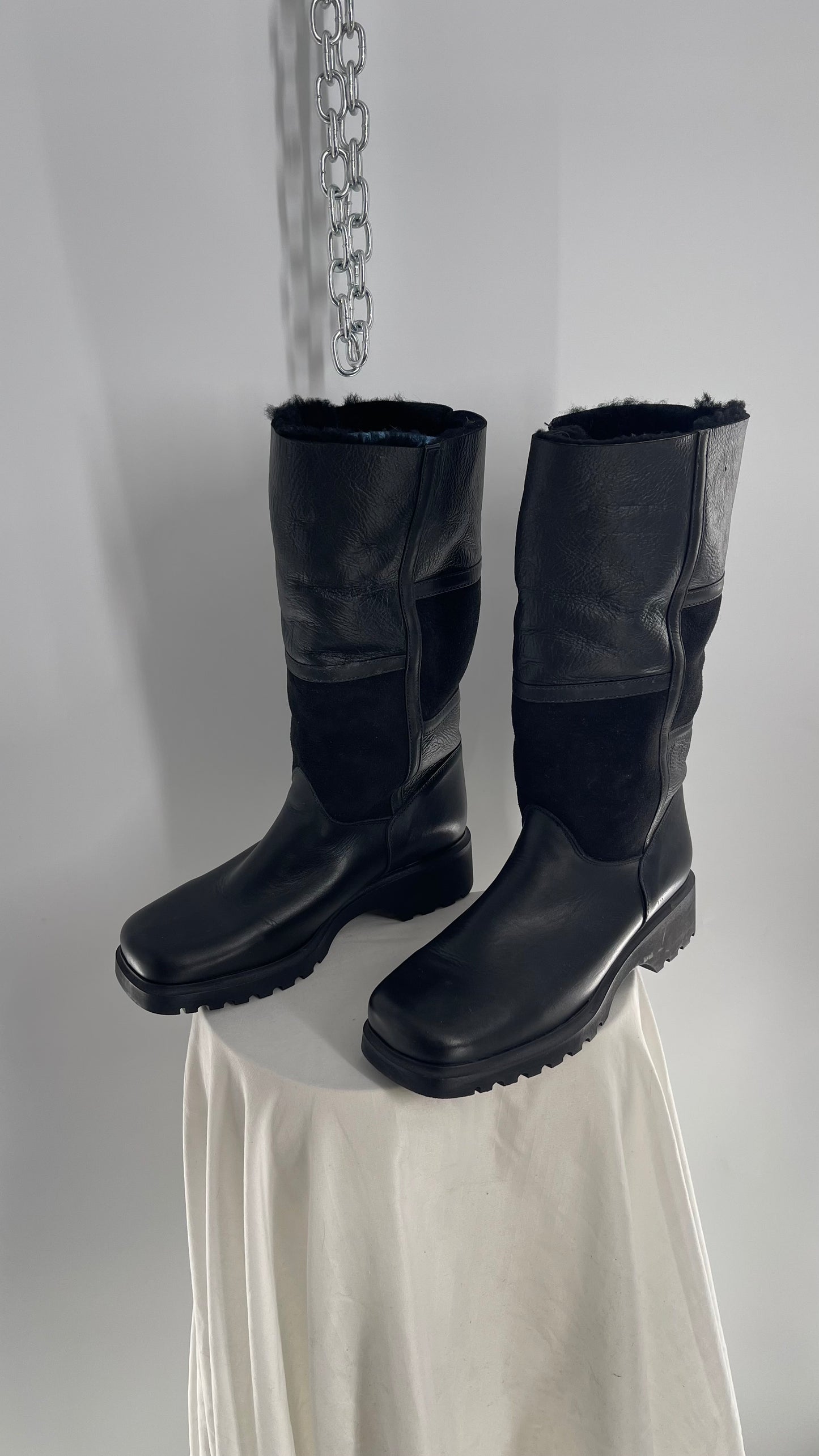 Vintage 1990s LA CANADIENNE Mixed Panel Suede and Patent Leather, Square Toe, Fur Lined Boots (10)