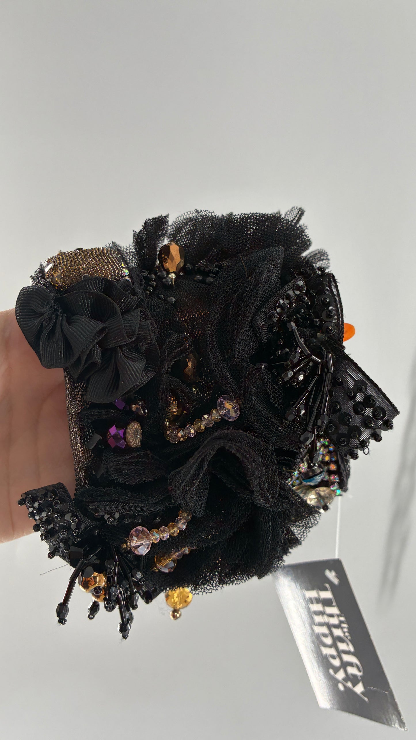 Vintage Black Tulle Jeweled Maximalist Statement Cuff Bracelet