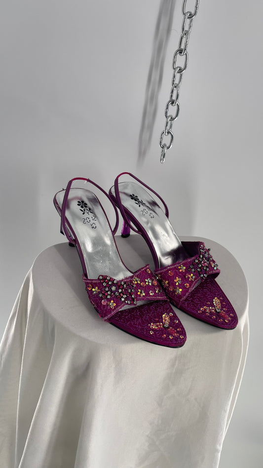 Vintage 20:12:10 Fuchsia Beaded Satin Pointed Toe Slingback Heels (7.5)