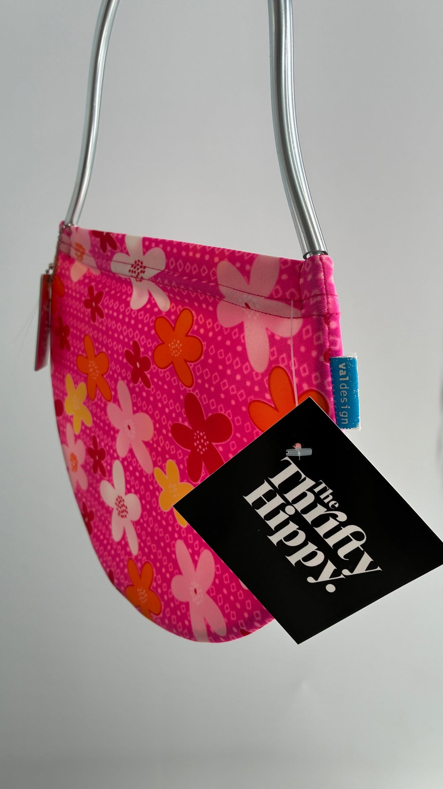 VALDESIGN Half Circle Pink Floral 2D Hand Bag with Metal Abstract Handbag