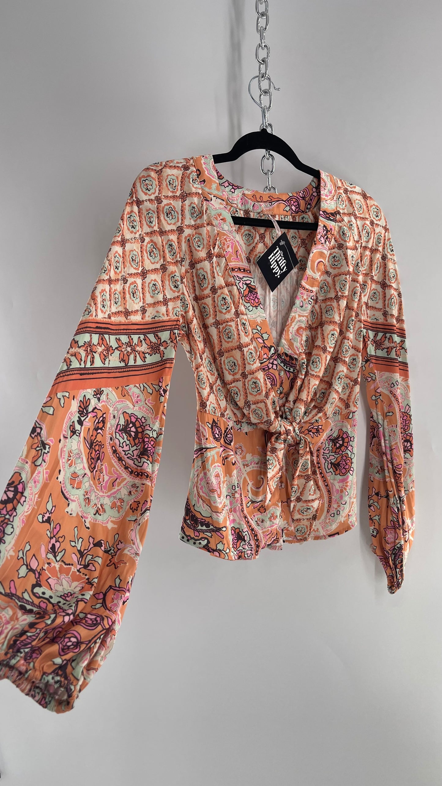 Free People Orange Pastels Paisley Blouse with Bust Tie and Balloon Sleeves (XS)