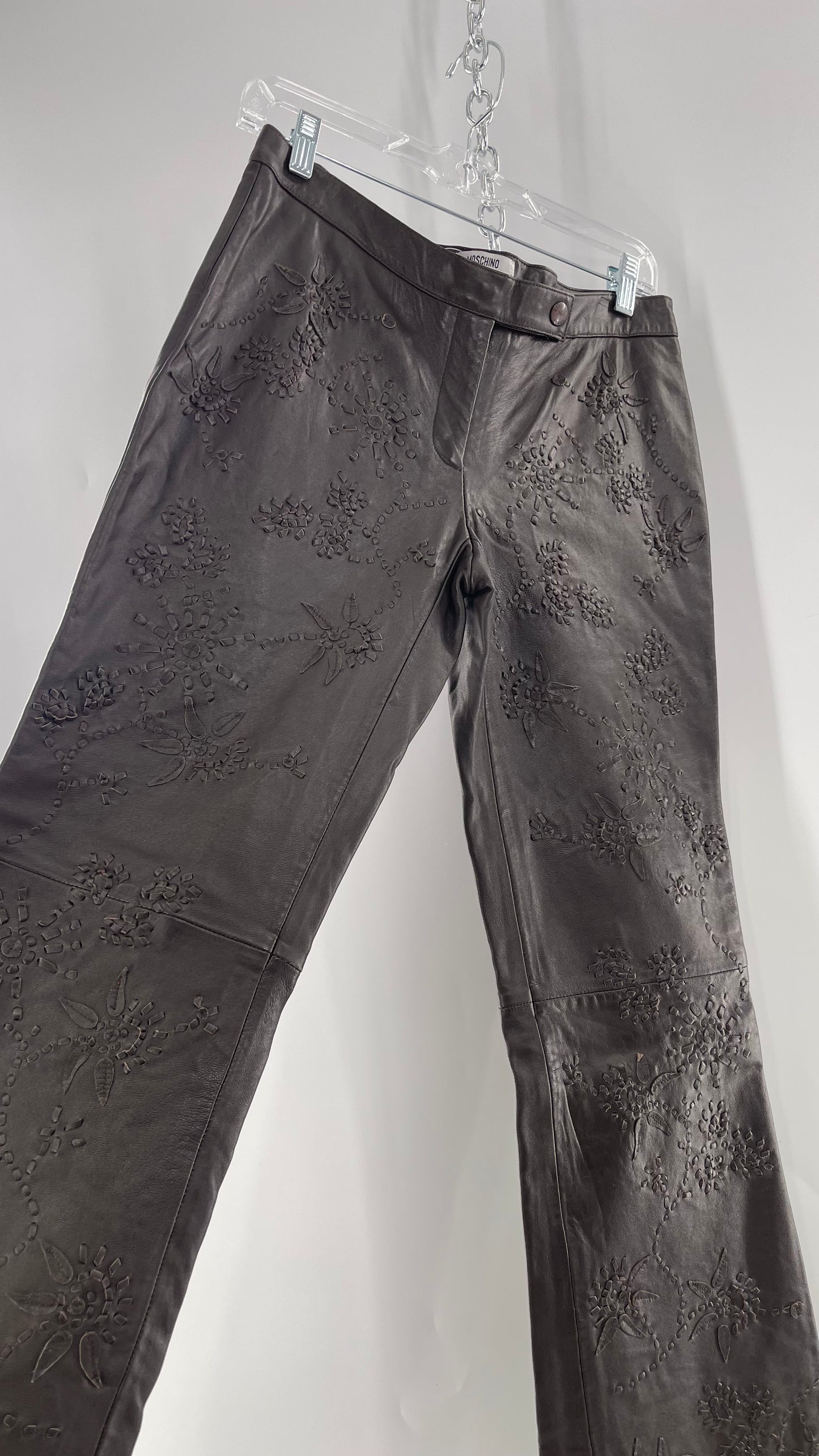 Moschino Brown Leather Embroidered Pants (10) ***WITH TAGS***