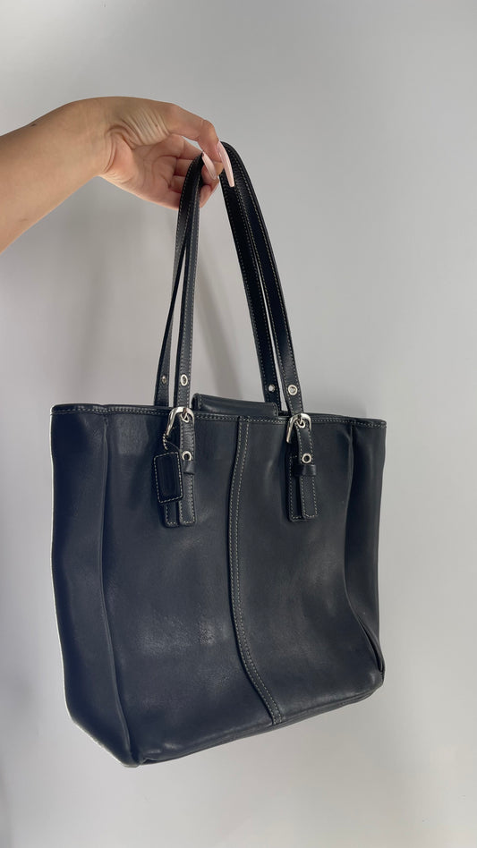 COACH Black Leather Tote Bag with White Stitching