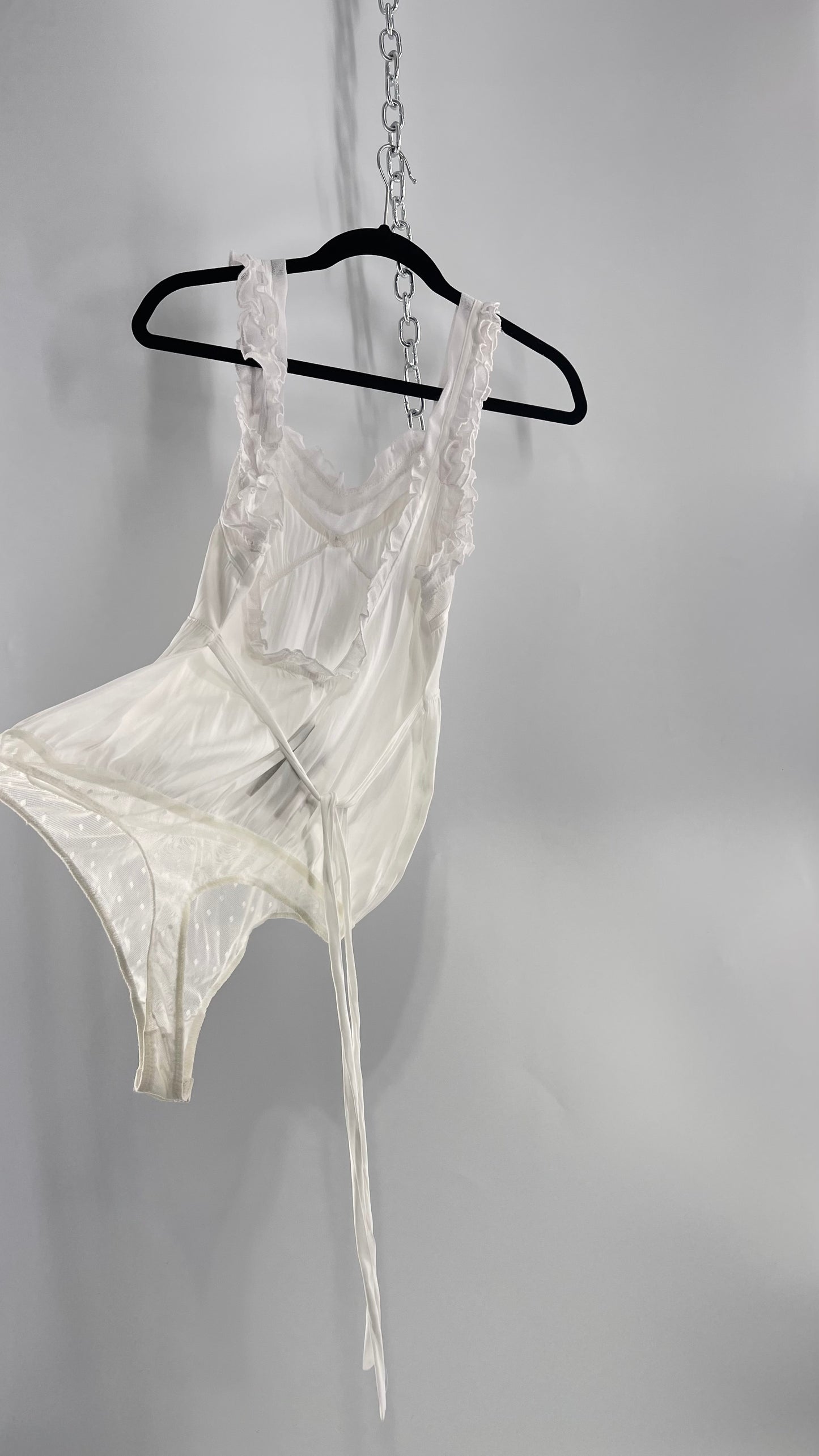 Free People White Silky Soft Bodysuit with Ruffled Bust-line and Straps (M)