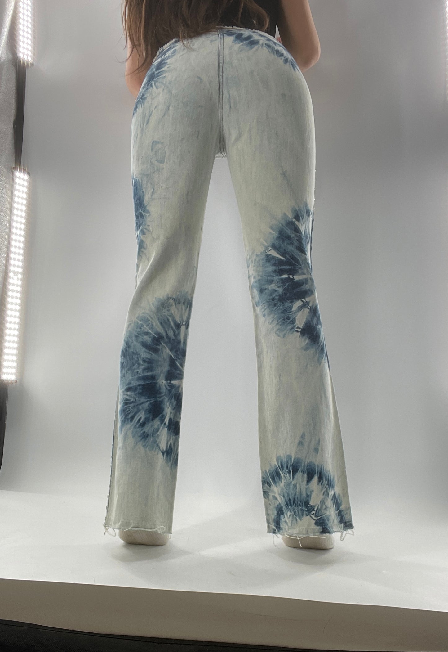 Vintage 1990s DKNY Light Bleached Jeans with Tie Dye Denim Pattern, Raw Edge Low Rise, and Studded Sides (5)