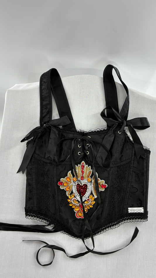 Custom Black Jacquard Corset, Handmade with Heart Appliqué, Bows, Embroidery, Gemstones, Lace and Ruffles (S/M)