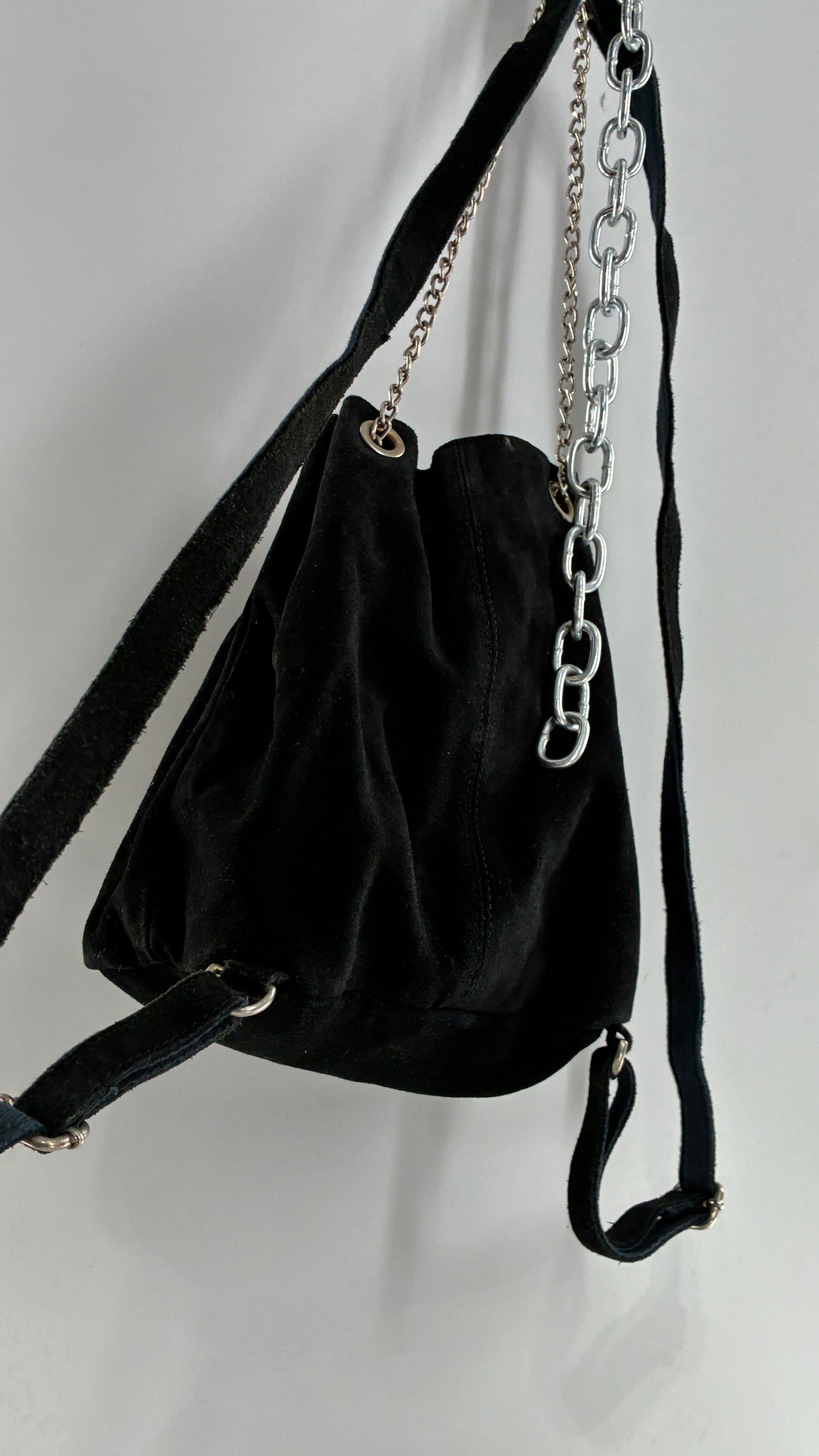 Black Genuine Suede Convertible Chain Link Backpack