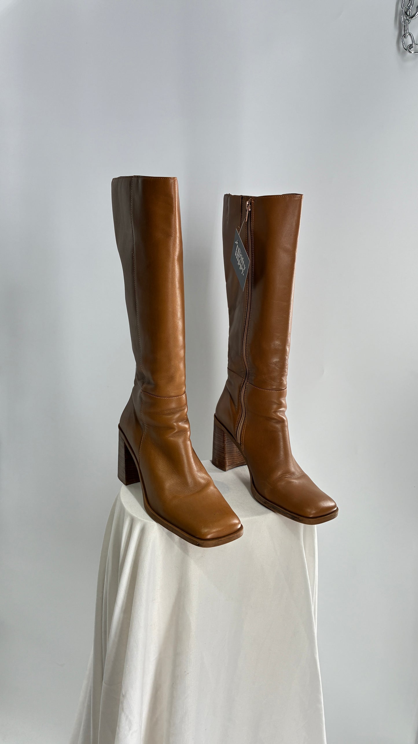 Vintage Strive Genuine Leather Square Toe Knee High Boots with Chunky Block Heel Made in Uruguay (9.5)