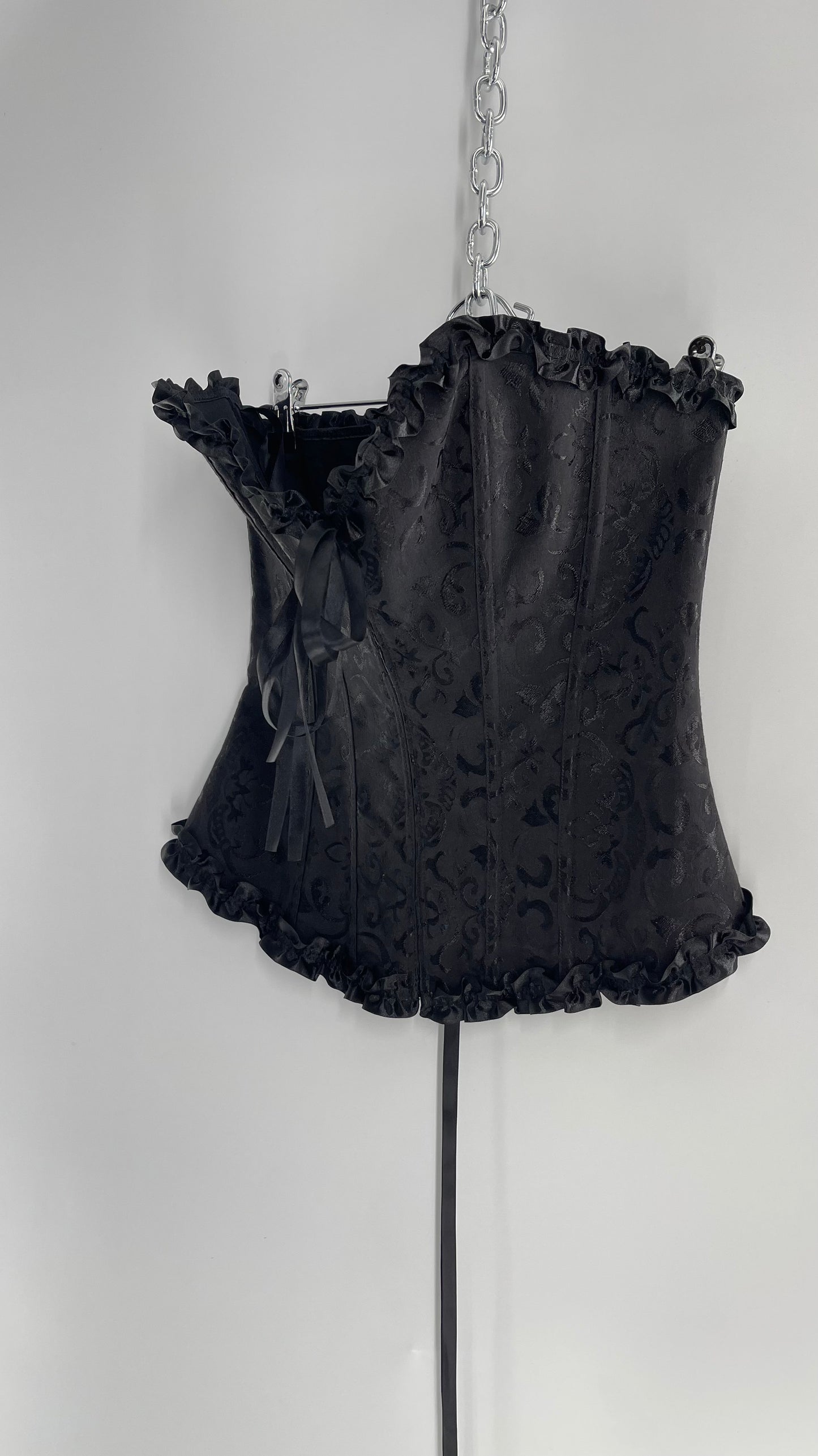 Adore Me Black Brocade Lace Back Ruffle Ribbon Trim (S/M)