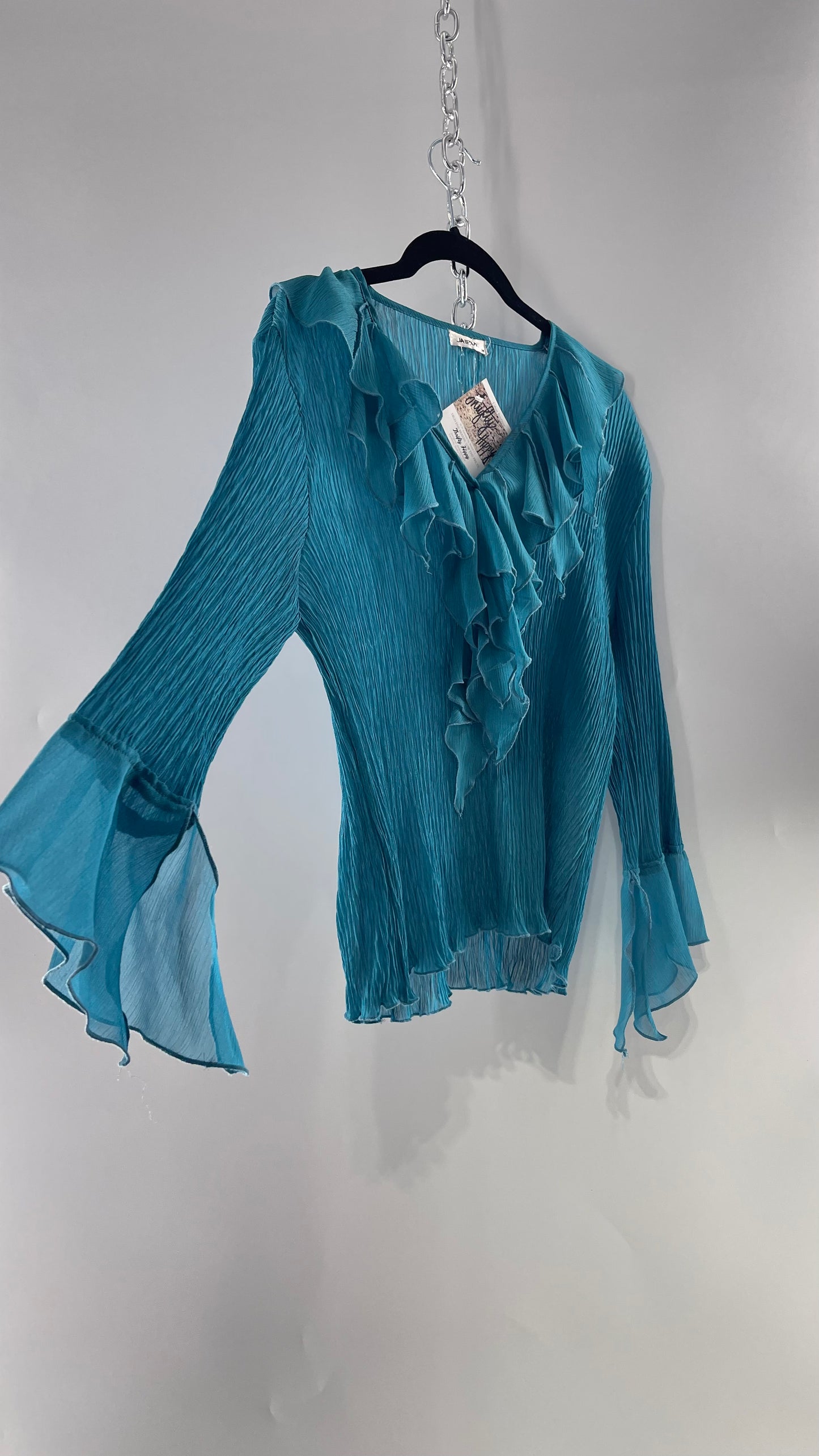 Vintage Jaipur Blue Crimped Blouse with Sheer Handkerchief Cuffs and Ruffled Neckline (Medium)