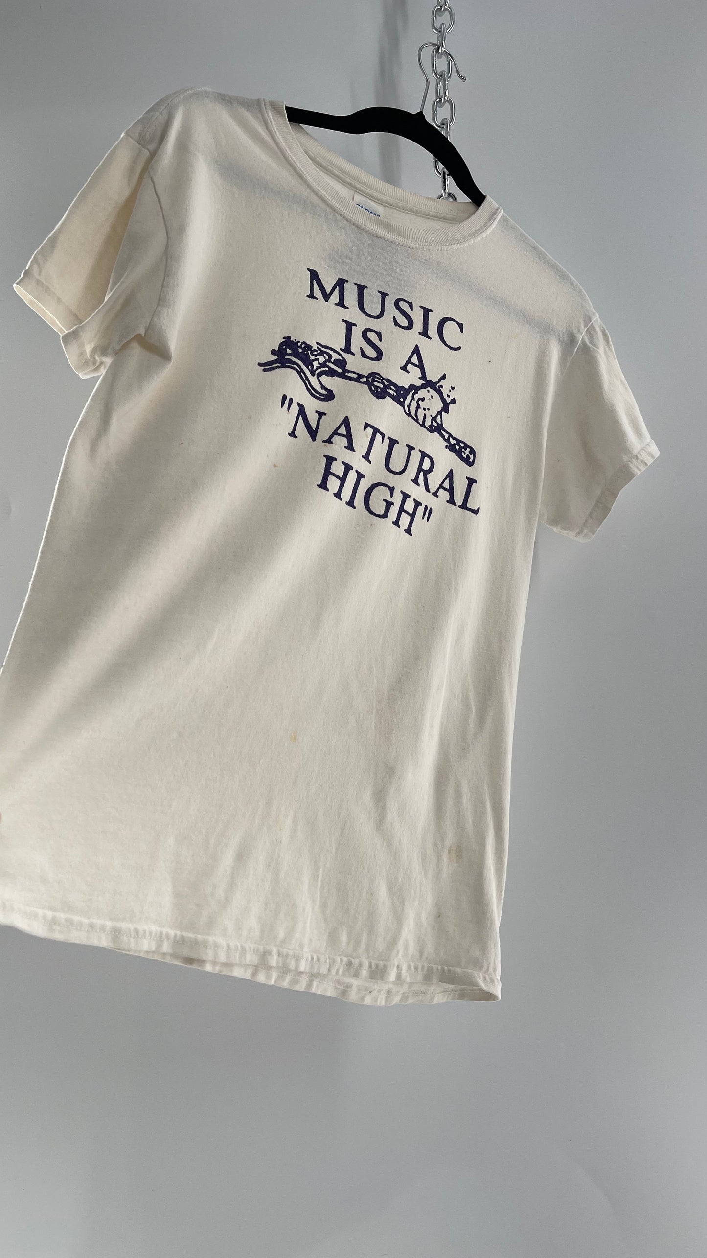 Vintage 1980s White T with Purple Music is a Natural High Font (Small)