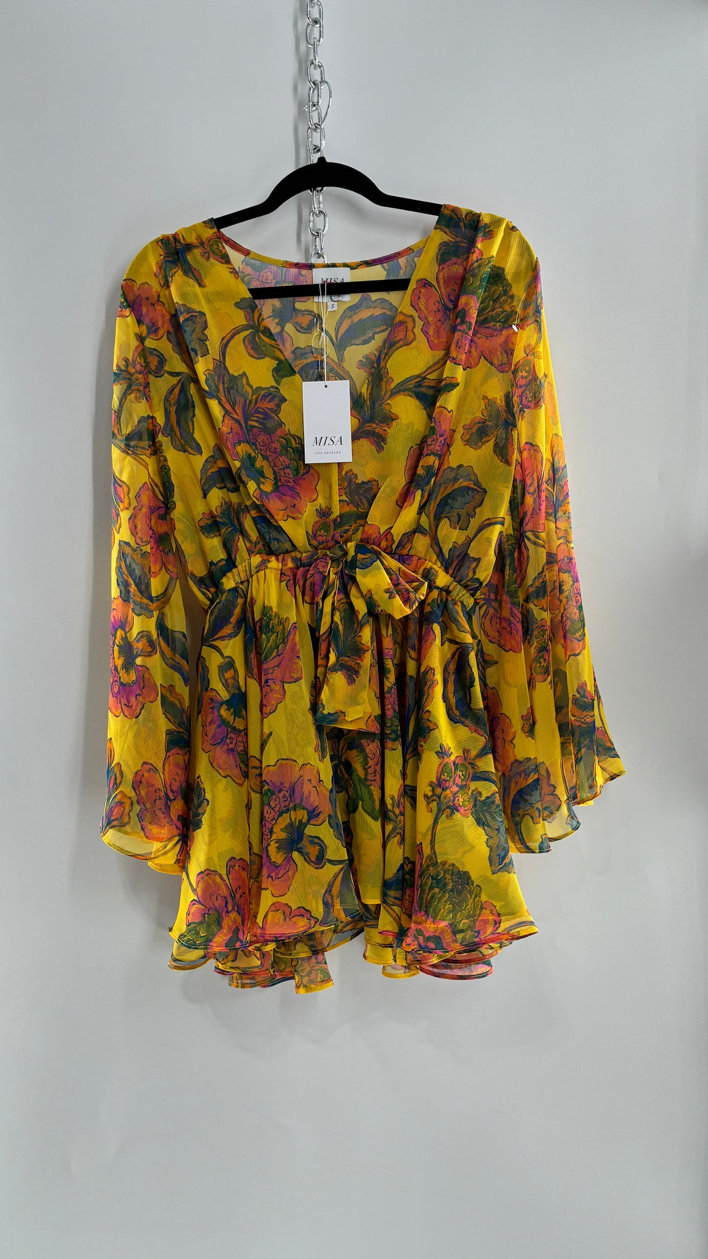 MISA Los Angeles KAIA Yellow Floral Bell Sleeve Long Sleeve Top/Micro Mini Dress with Tags (Small)