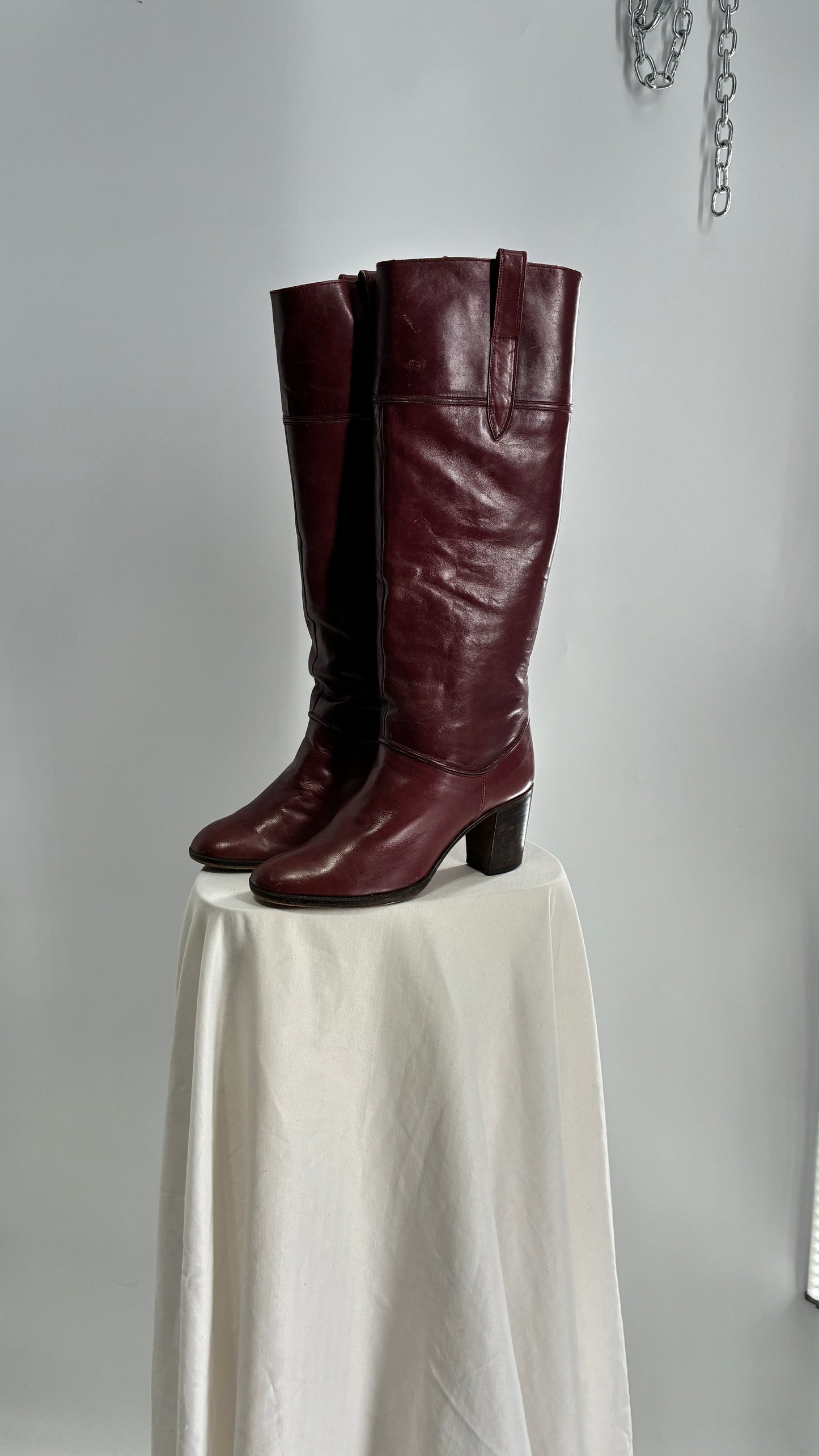 Vintage Red Leather Round Toe Knee High Boots Made in Spain Boots (38)