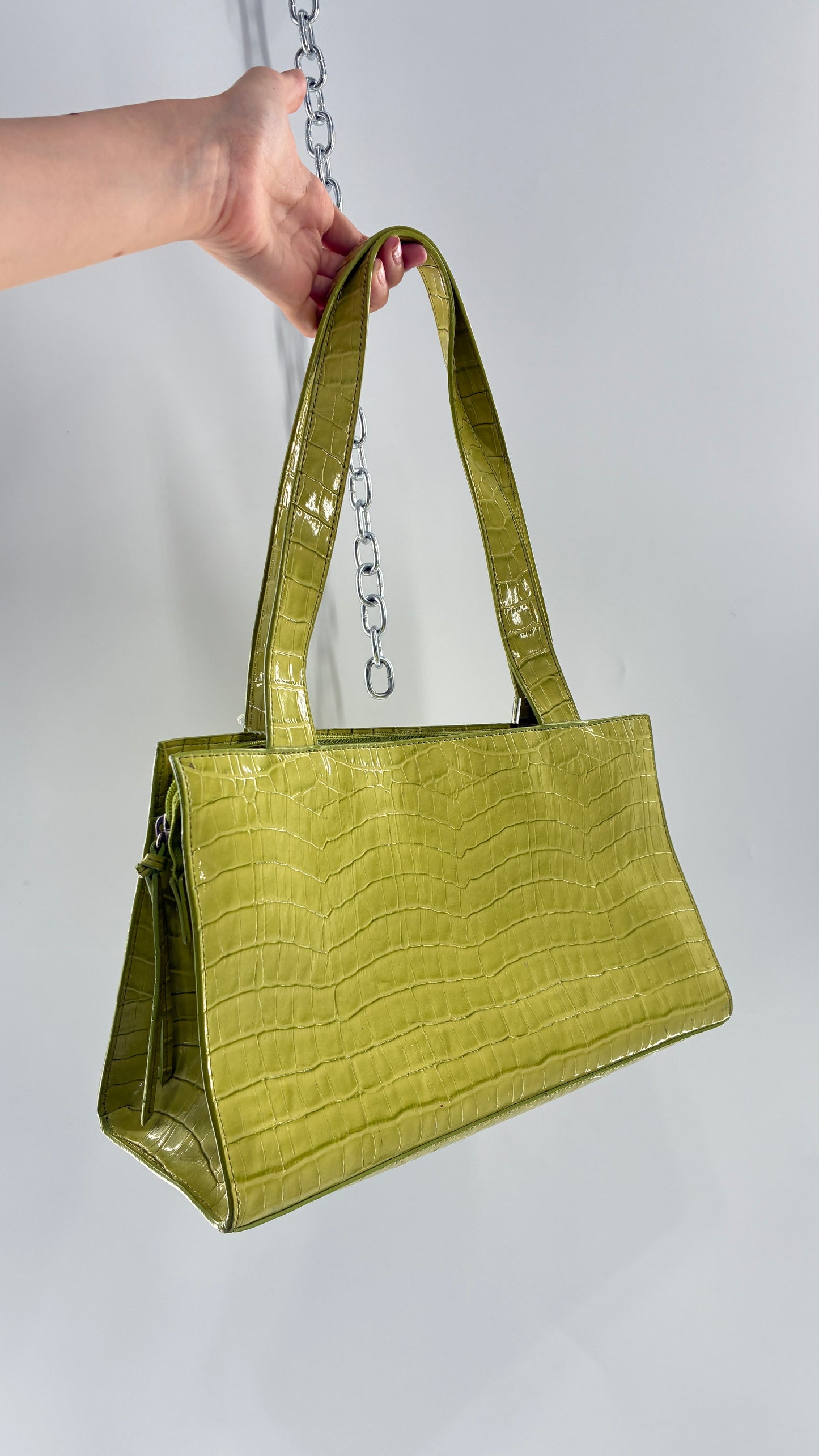 Vintage 1990s GUESS Lime Green Shoulder Purse with Metal Logo Buckle