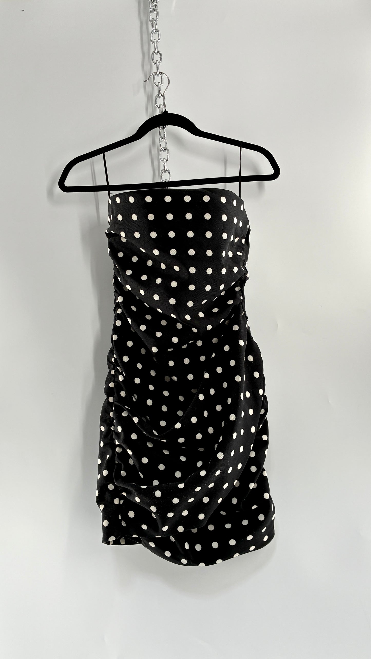 LIONESS Black and White Polka Dot Bodycon Ruched Mini Dress (Small)