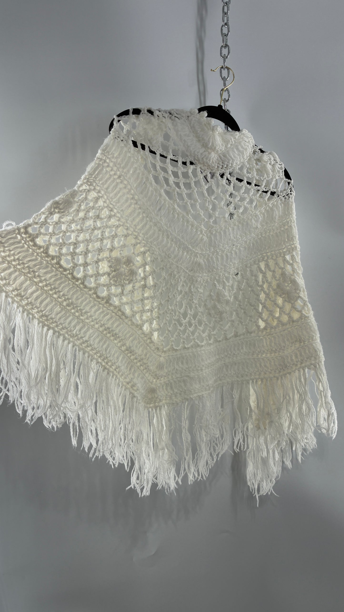 Vintage Off White Hand Knit Scarf Poncho Shawl Cape