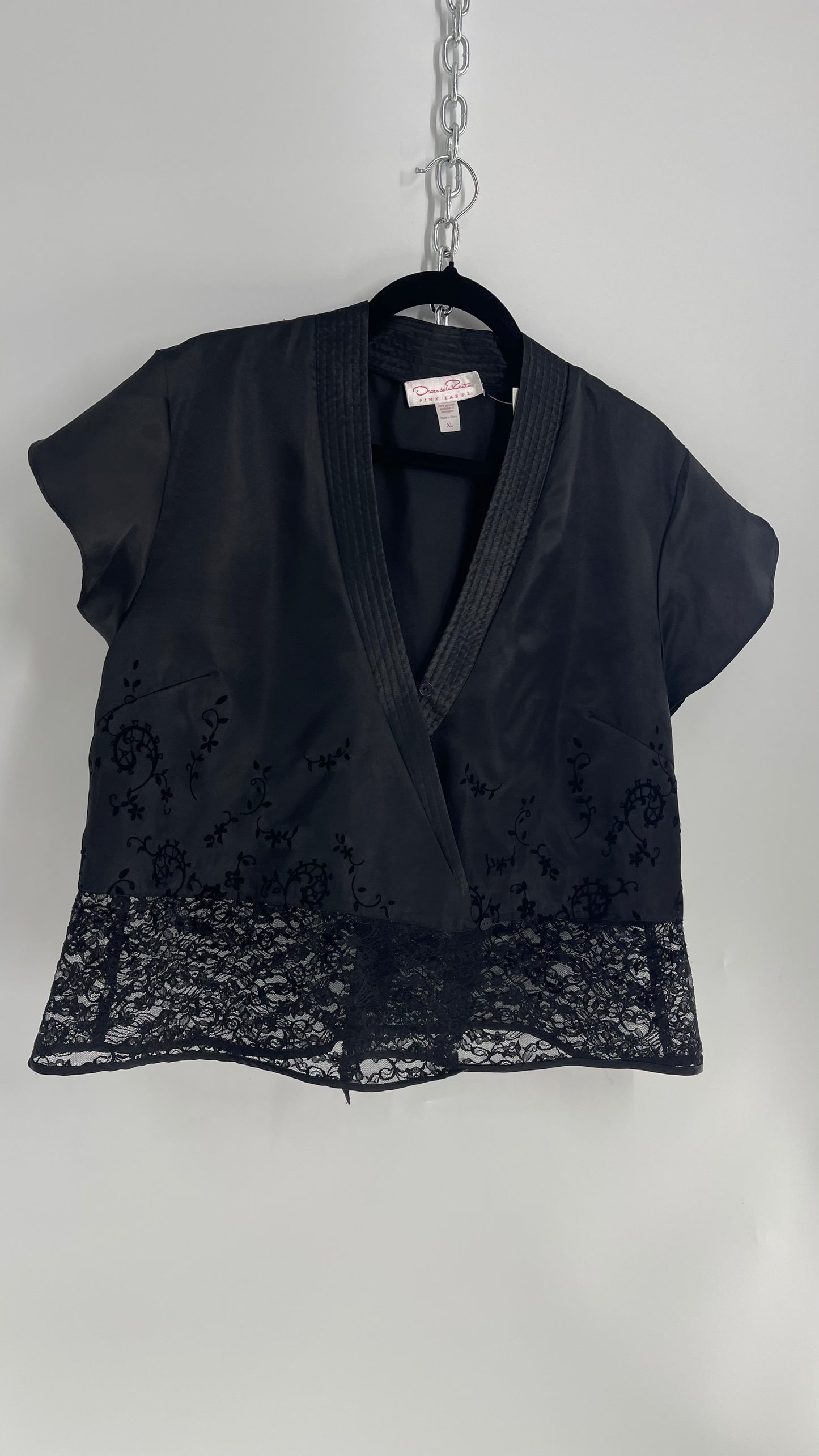 Oscar De La Renta Black Silky Lace Hem, Embroidered Kimono Style Top (XL)