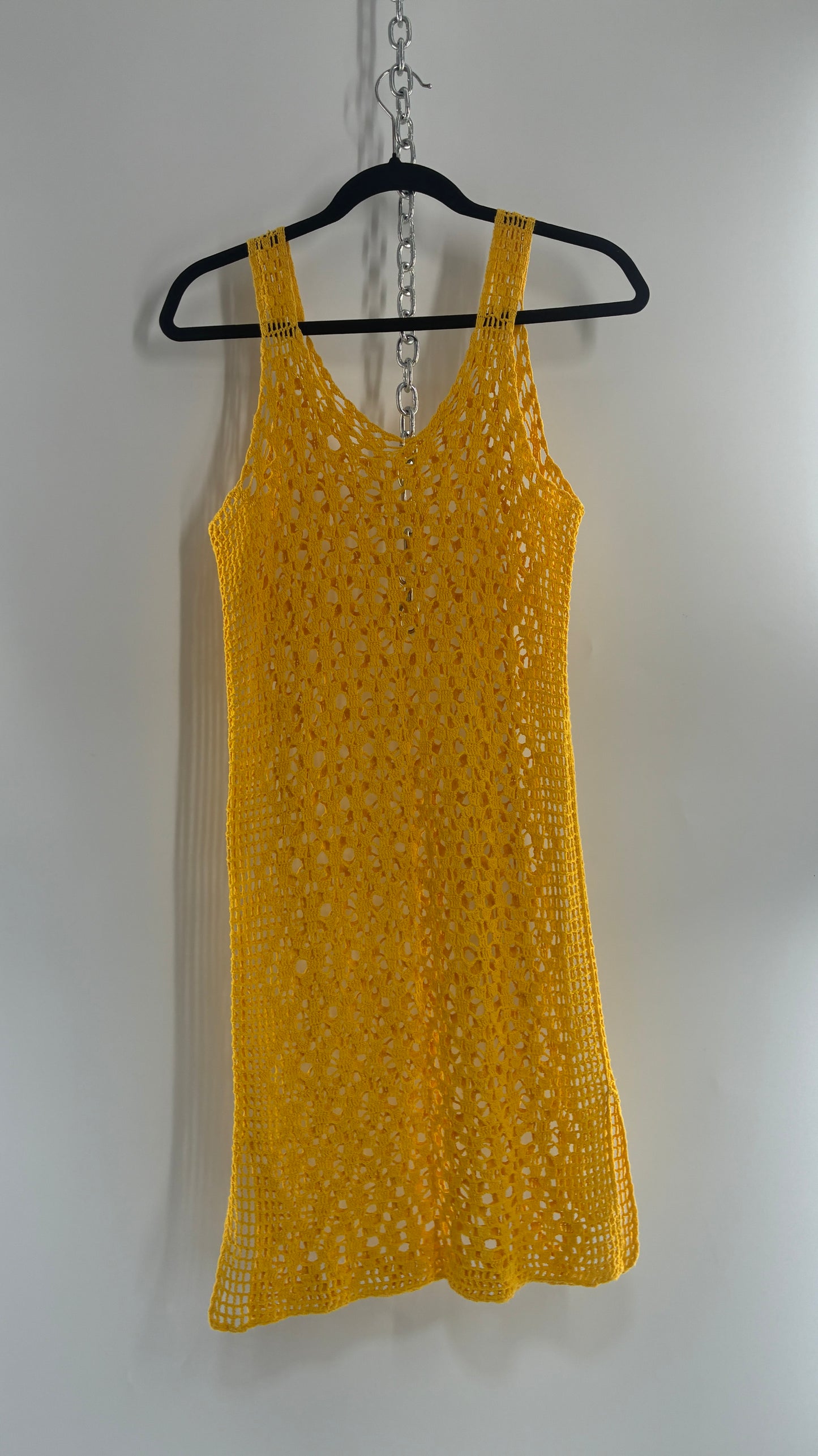 Vintage Brazilian Hand Knit Yellow Crochet Mini Dress (S/M)