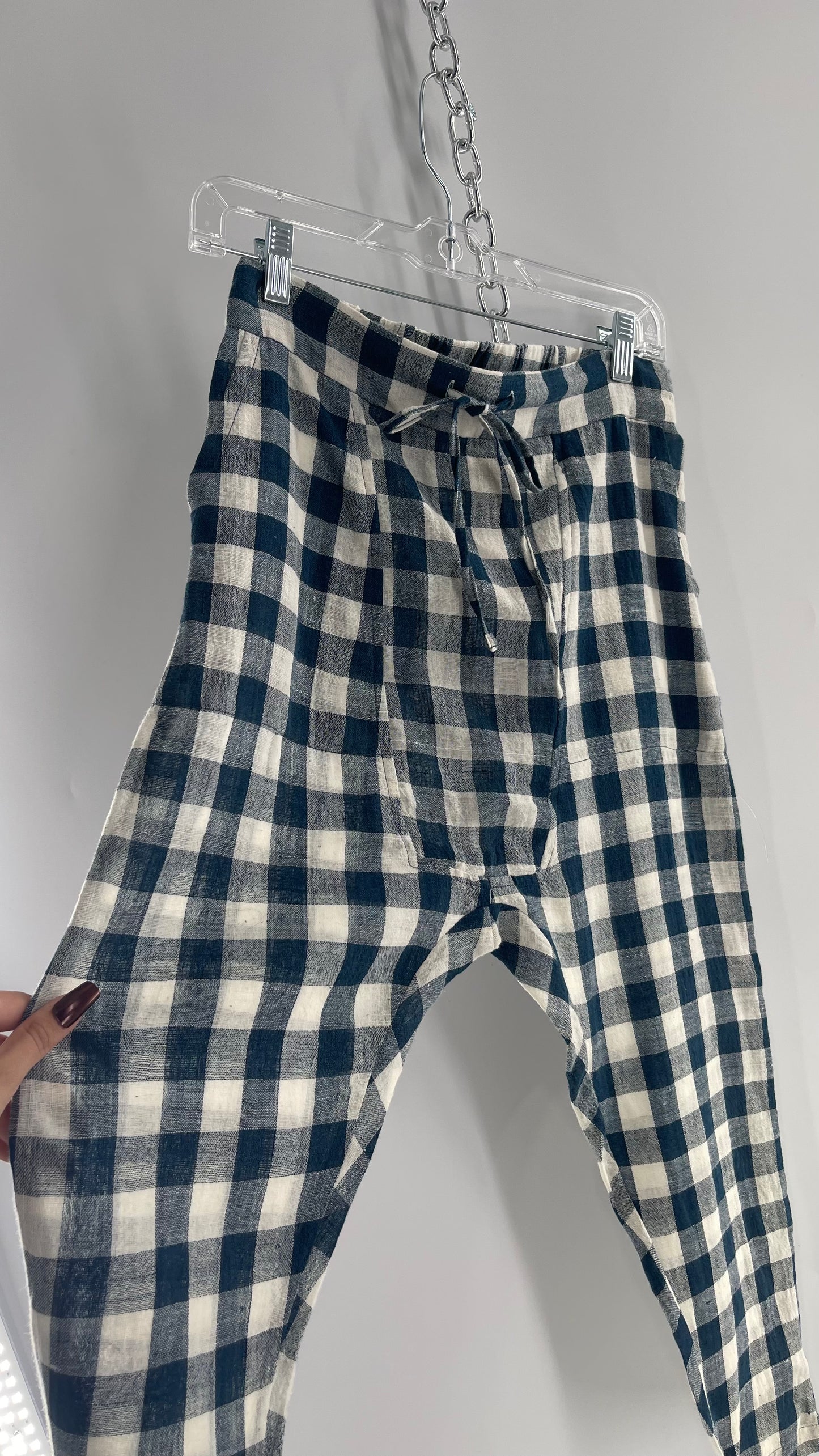 FAIRCLOTH Gingham Checkered White and Blue Linen/Cotton Cropped Drop Crotch (Small)